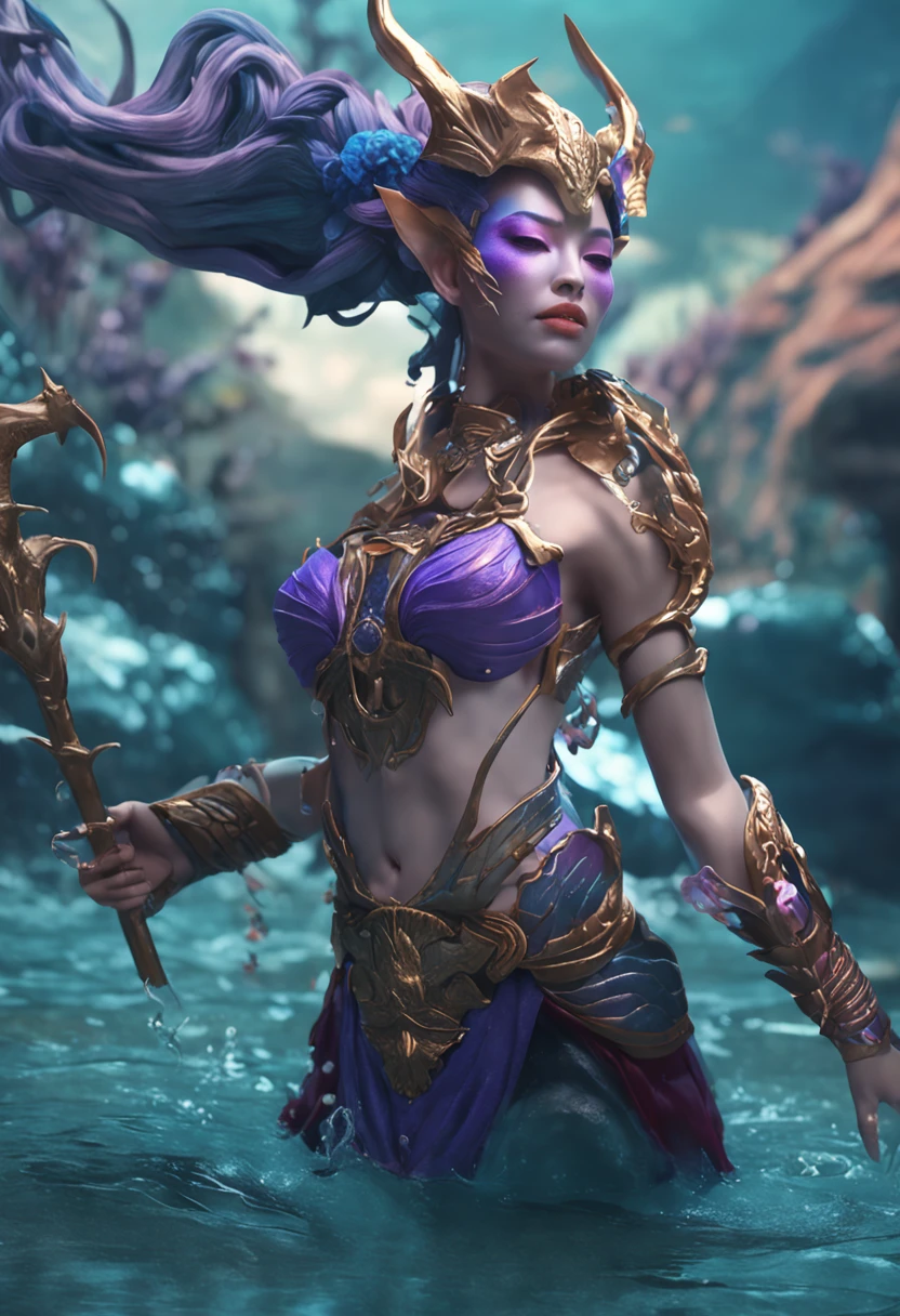 arafed woman with horns and a blue and purple mask in the water, concept art by Yang J, cgsociety contest winner, fantasy art, mystical atlantean valkyrie, queen of the sea mu yanling, fantasy art behance, portrait of mermaid warrior, artgerm detailed, goddess of the sea, artgerm ; 3d unreal engine