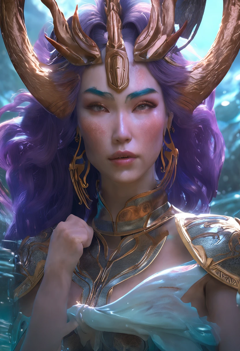 arafed woman with horns and a blue and purple mask in the water, concept art by Yang J, cgsociety contest winner, fantasy art, mystical atlantean valkyrie, queen of the sea mu yanling, fantasy art behance, portrait of mermaid warrior, artgerm detailed, goddess of the sea, artgerm ; 3d unreal engine
