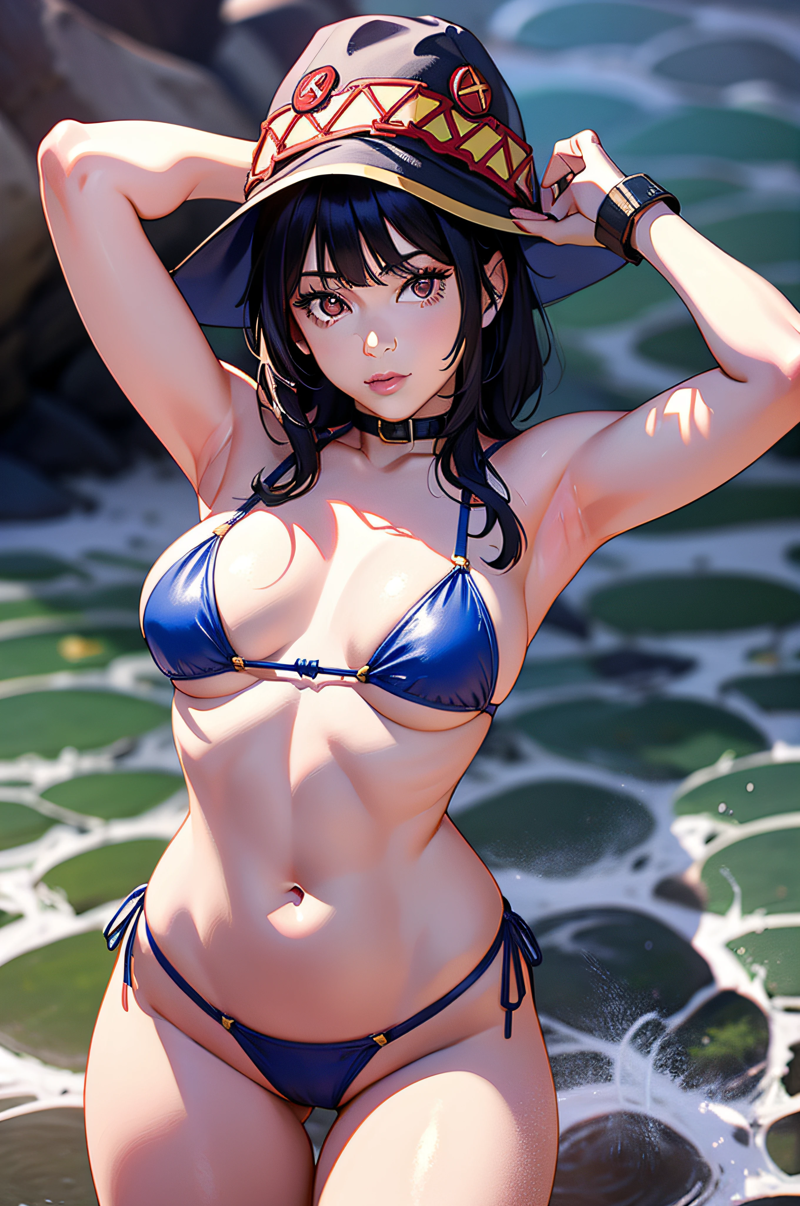 obra-prima, alta qualidade, alta resolução, rosto detalhado, see-through, bikini, 1girl, megumin, megumin konosuba, seios enormes, praia, foco na bunda, blue bikíni, cabelo azul, looking behind, pose sexy, corpo exuberante, postura sedutora, pubic hair exposed, calcinha apertada, bunda grande, pata de camelo, coxas grossas, body full, realista, bumbum grande, red hat, plug in ass, cauda de gato, plug, ,