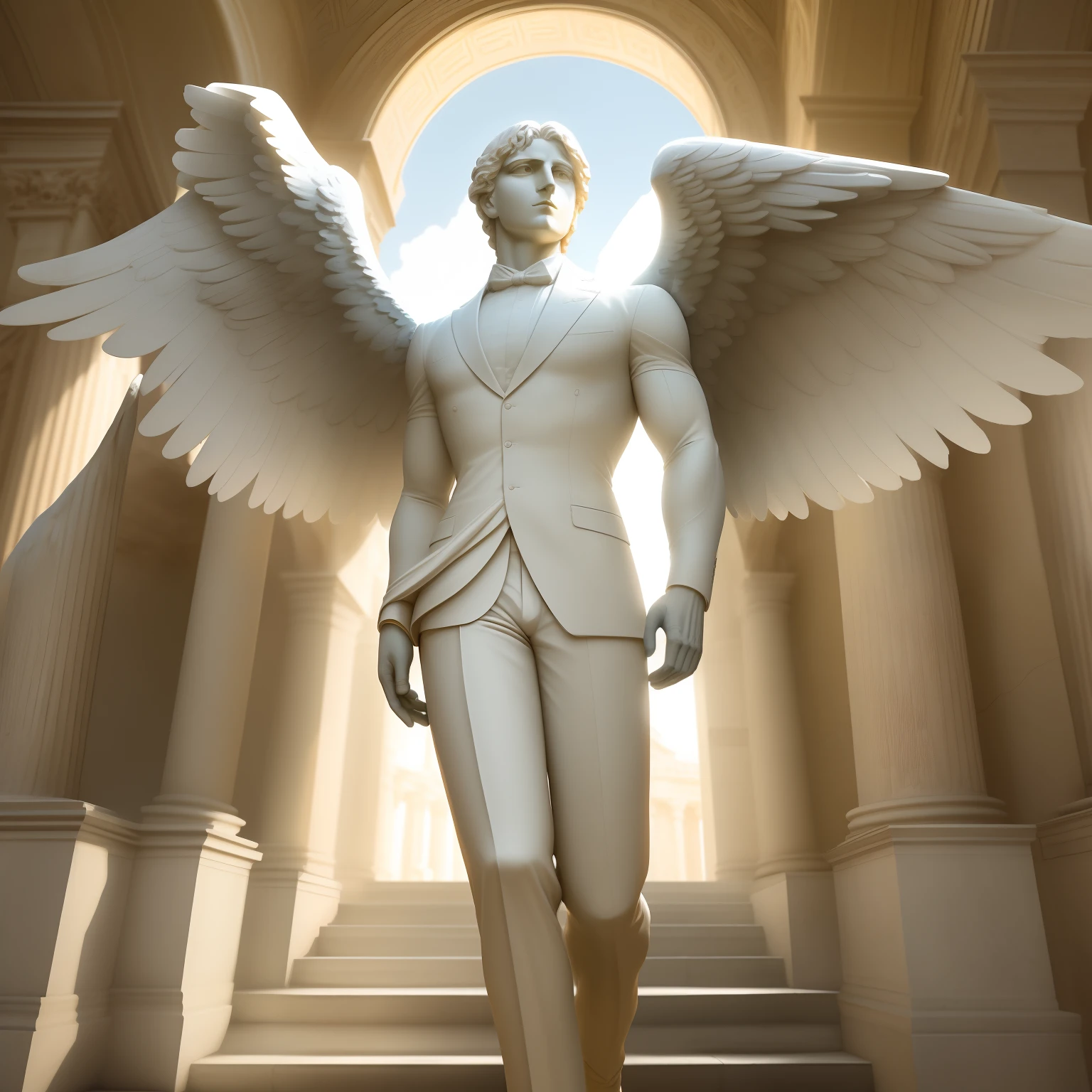 In front of the majestic marble columns that rise towards the blue sky, a commanding angel with shining white wings stands out. His chiseled muscles exude strength and grace, while the sunlight highlights every contour of his celestial body. Dressed in perfectly fitted formal trousers that fall to his ankles, he radiates an aura of elegance.
An intricately detailed formal waistcoat adorns his broad chest, and his formal shoes glisten as he lands gently upon the marble floor. With each step, the traces of the Roman setting are respected, as if he truly belongs to that era of historical grandeur.
His serene and compassionate gaze sweeps across the horizon, while his open wings capture the gentle breeze that permeates the environment. The angel's golden hair cascades in soft curls down to his shoulders, emitting an ethereal glow as sunlight touches them.
In the background, a magnificent Roman amphitheater stretches, with impressive arches and meticulously carved sculptures. Murmurs of imaginary spectators can be heard, echoing the splendor of the performances that once took place there.
In this setting that combines the celestial serenity of the angel with the grandeur of ancient Rome, the presence of the winged being appears both natural and supernatural, as if he were a personification of human aspirations for beauty, power, and transcendence.