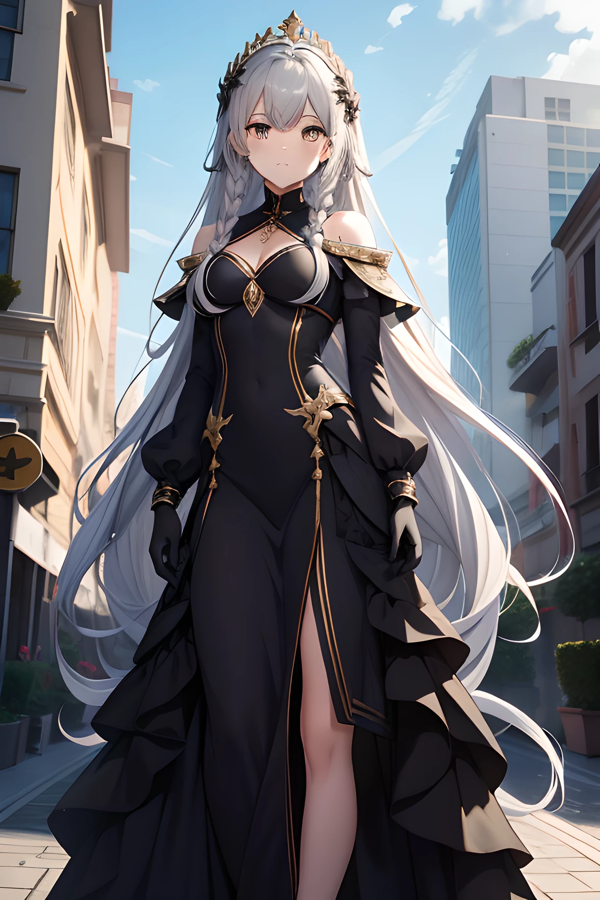 Bikini anime character standing in front of a building, visual novel cg, (Top image quality:1.0), 8K UHD, High quality shadows, slender, Align your hands elegantly, quality, +Lola, Flower Frame, At 8K, Delicate Beautiful Hair and Eyes and Face, Black Dragon Princess，British dark blue long group，Silk white gloves，Slightly curved long black hair，Dress conservatively，Crown of black thorns，Twist braids，Mature and steady，Complicated clothes，Large area of gold pattern，Silver crown，Elegant，cabelos preto e longos，Small twisted braids，The skin is gray and gray