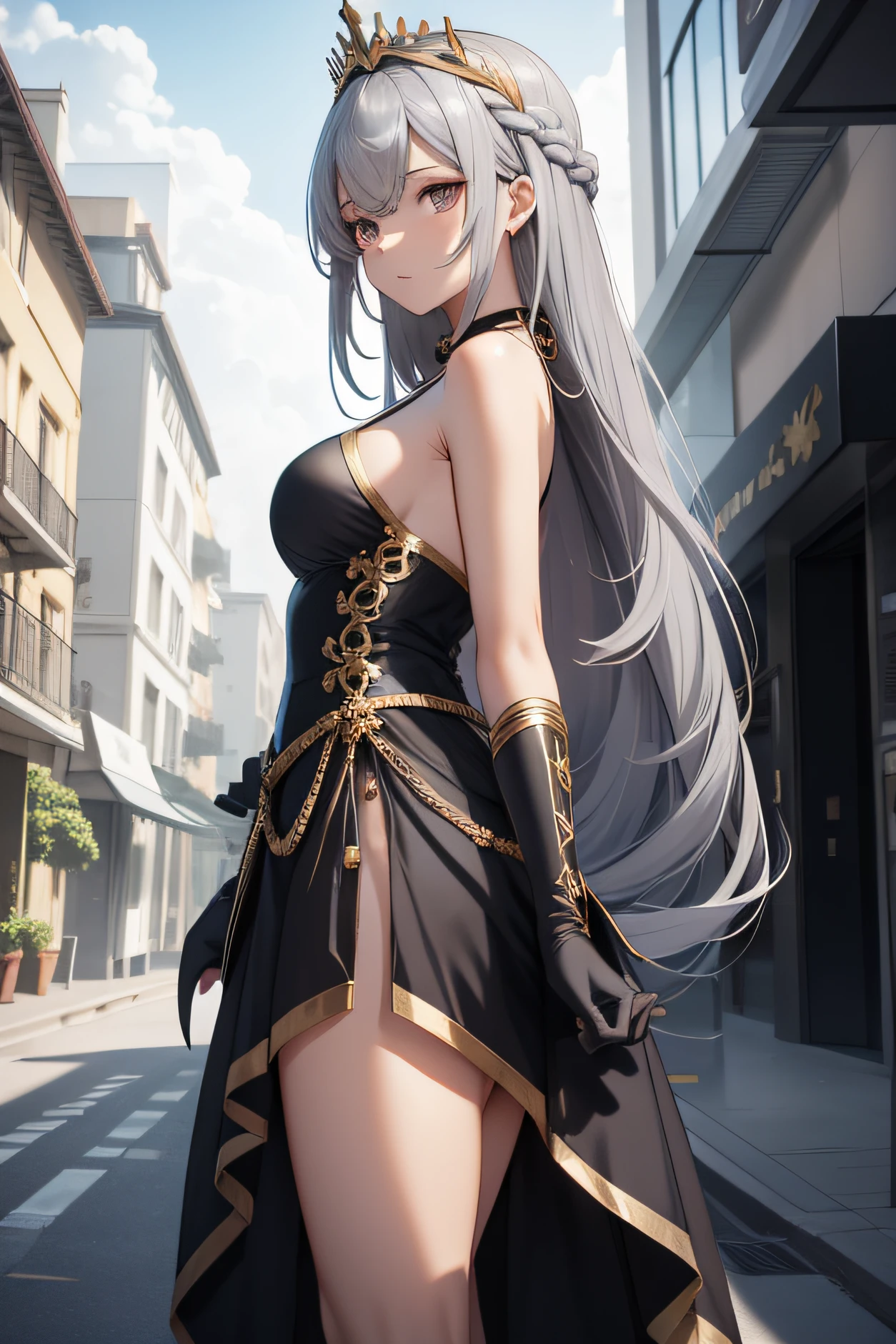 Bikini anime character standing in front of a building, visual novel cg, (Top image quality:1.0), 8K UHD, High quality shadows, slender, Align your hands elegantly, quality, +Lola, Flower Frame, At 8K, Delicate Beautiful Hair and Eyes and Face, Black Dragon Princess,British dark blue long group,Silk white gloves,Slightly curved long black hair,Dress conservatively,Crown of black thorns,Twist braids, and steady,Complicated clothes,Large area of gold pattern,Silver crown,Elegant,cabelos preto e longos,Small twisted braids,The skin is gray and gray