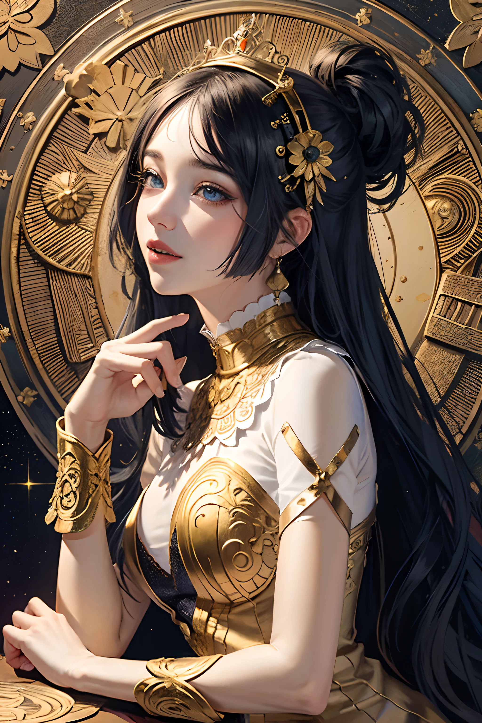 (masterpiece, top quality, best quality, official art, beautiful and aesthetic:1.2), (1girl), extreme detailed,colorful,highest detailed, official art, unity 8k wallpaper, ultra detailed, beautiful and aesthetic, beautiful, masterpiece, best quality, (zentangle, mandala, tangle, entangle) ,holy light,gold foil,gold leaf art,glitter drawing, PerfectNwsjMajic