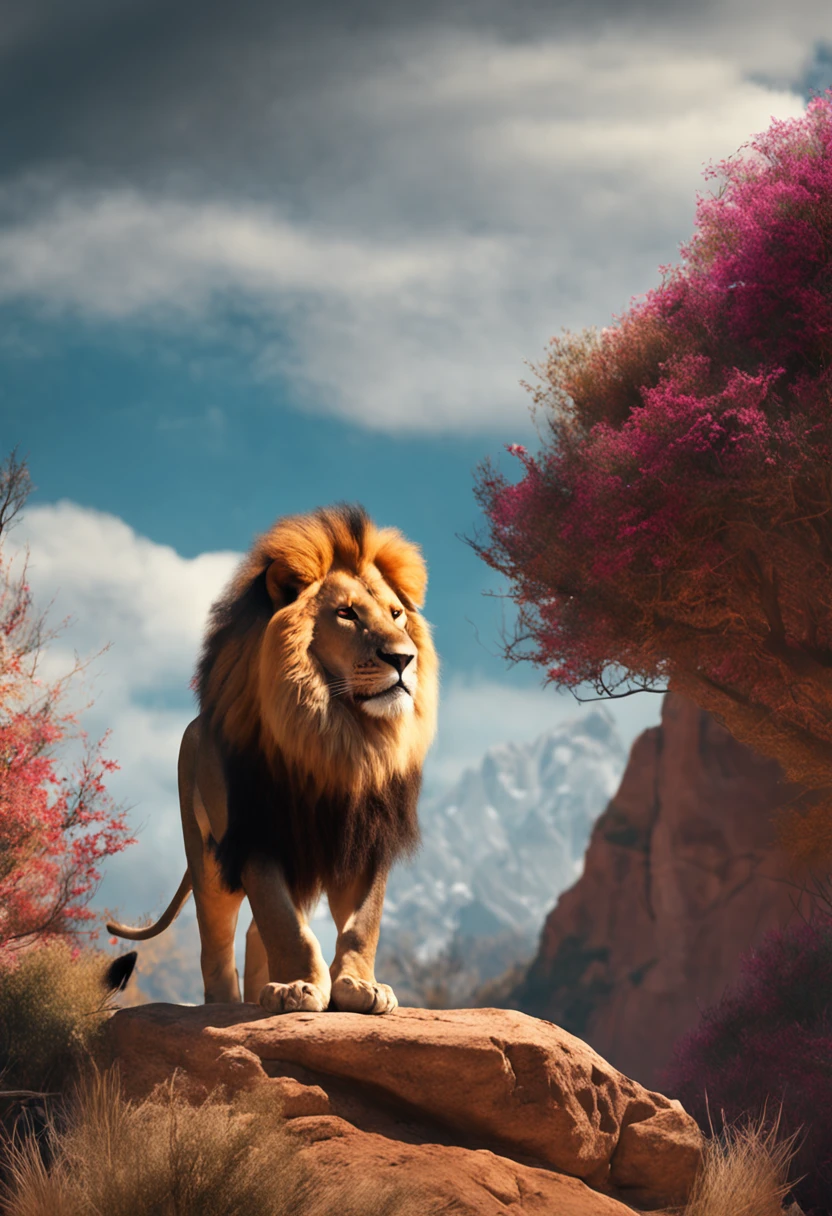 There is a lion, walking on the grass with a stone in the background, Painting by Derek Zabrocki, Unsplash, Digital Art, king of the jungle, With a lion's mane, proud look, doing a hot majestic pose, Lev Aslan, Half-lev, 2D Full-length lion, proud look, digital art animal photo, Lion's Mane