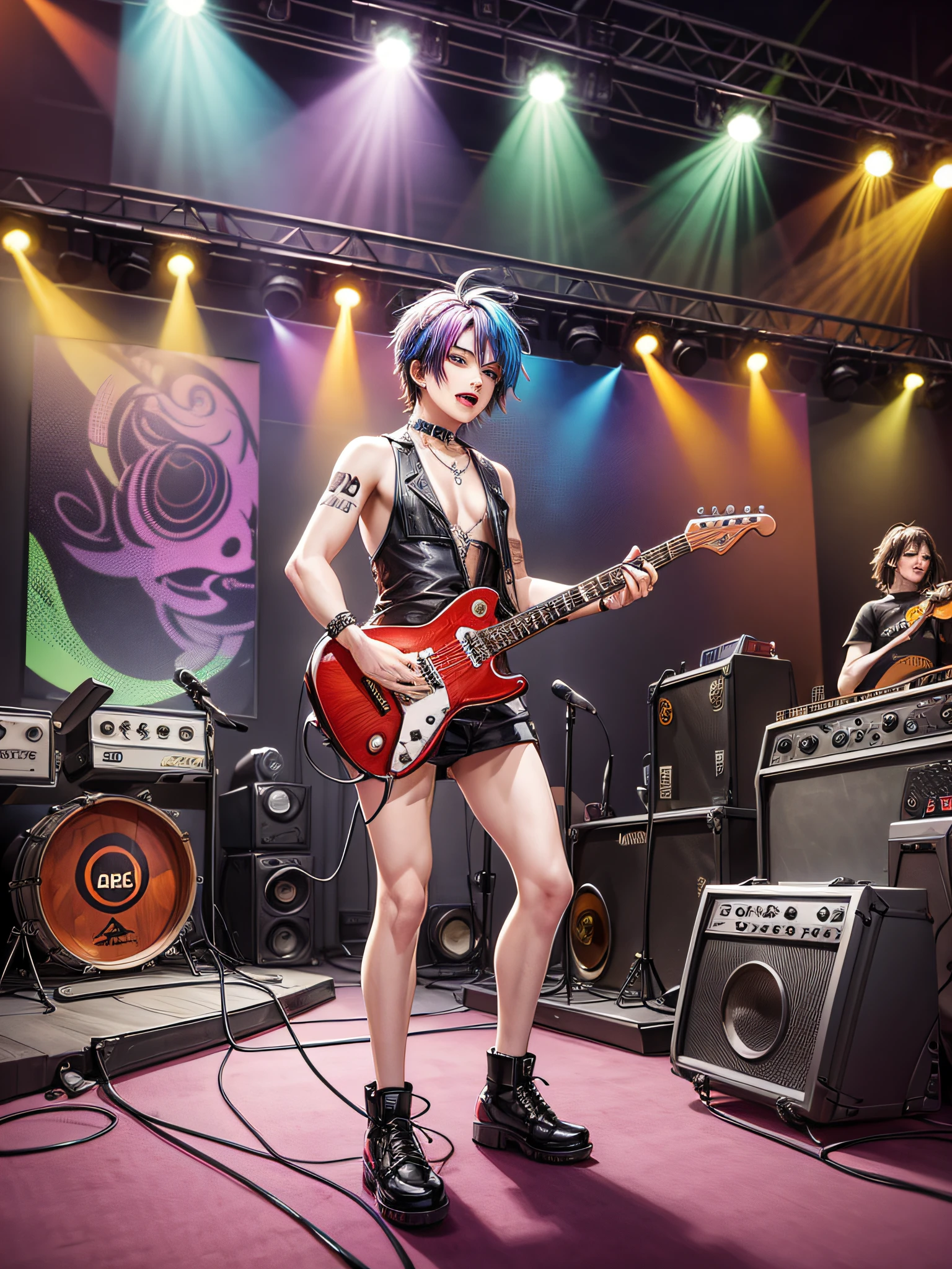 (caricature:0.9,drawing:0.8),photo essay,(Legiao Urbana Rock Band:1.3), musical style, live concert, (band members:1.1, photoshoot:0.8),old stylistic trend, stage lighting circuit, rockstar vibe, multicolored and vibrant