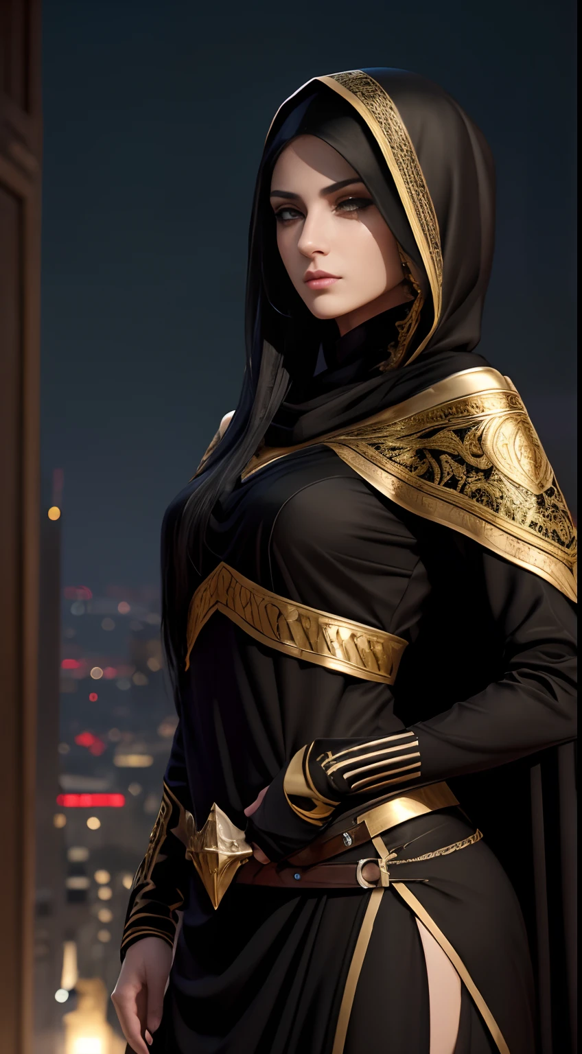 (A beautiful 25 years old Arabian female assassin), (long black hair), (pale skin), (serious looking), (wearing black and gold assassin outfit with silk hood), (Arabian city at night background), view from front, waist up shot, dynamic pose, ambient lighting, photo realism, intricate face detail, intricate hand details, highly detailed, vibrant colors, cinematic, high definition, trending on Artstation--style raw