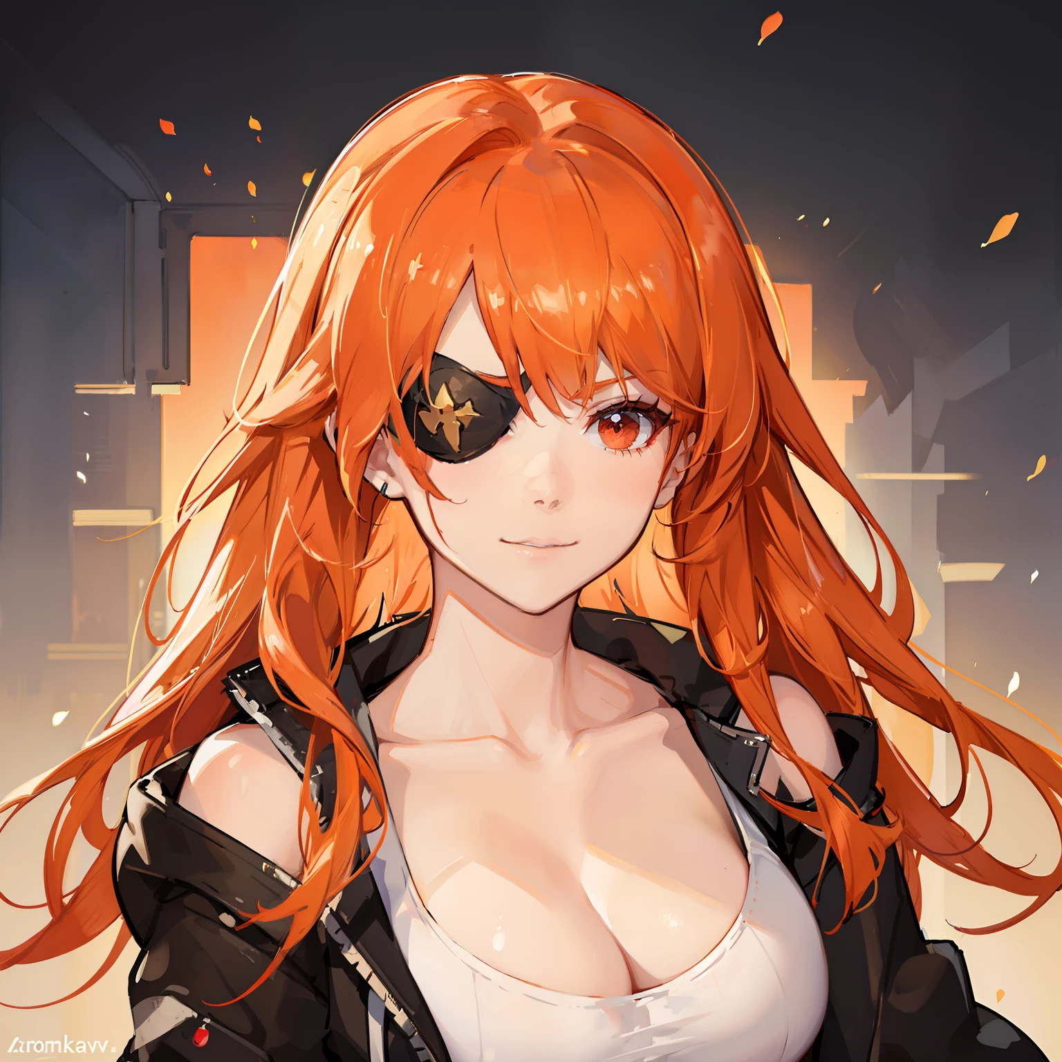 Beautiful young woman, long spiky orange hair, fiery orange hair, red eyes, eye patch, one eye, scarred, orange hair, spiky hair, long hair, thick hair, white tank top, cleavage, black jacket, portrait, large breasts, strong, fit, tank top, cleavage, white tank top, close-up portrait, head and shoulders portrait by Greg Rutkowski Artgerm, cleavage, happy, white shirt