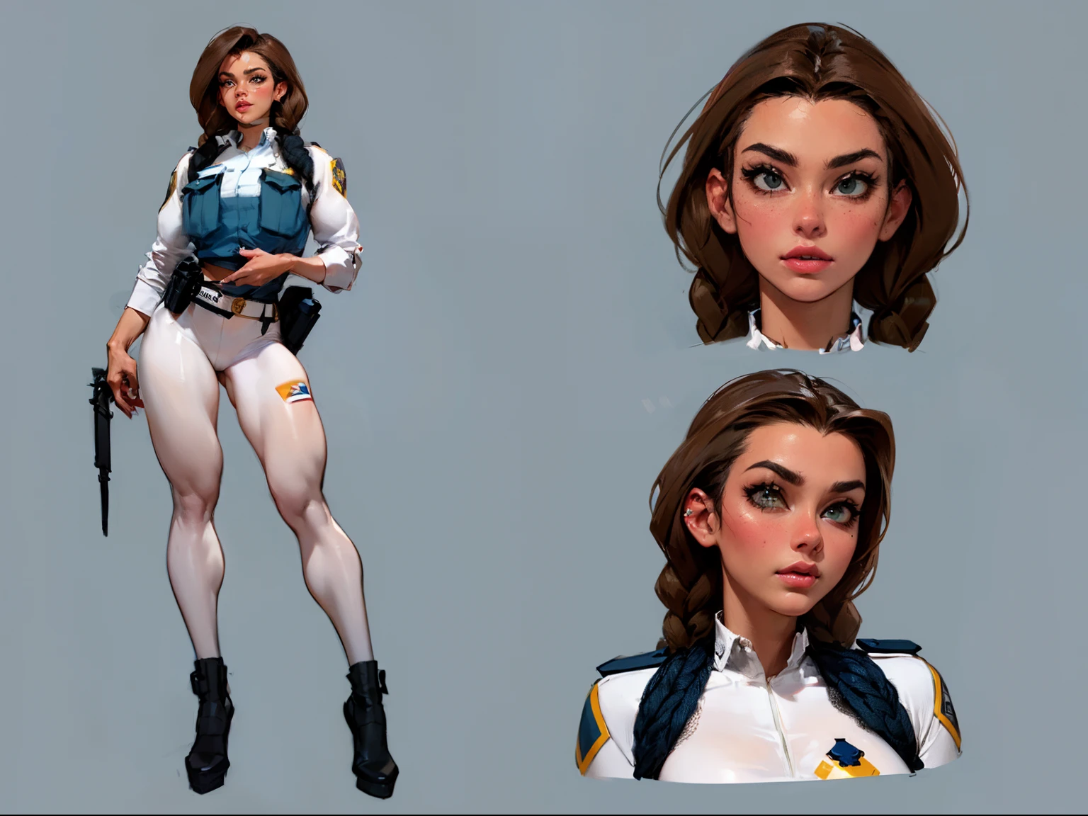 ((masterpiece)),(((best quality))),((character design sheet)), illustration,1woman, environment Scene change, (long braided hair:1.4),((futuristic police officer:1.5)), muscular, black legs, thick legs, (pale skin:1.3)scribbles and marks, light blue shirt, ((detailed face:1.1)), rough sketches, (puffy lips:1.5), pose too, ((brunette hair:1.2)), (police officer outfit:1.3) , 8k,16k, (simple background, light background: 1.3)