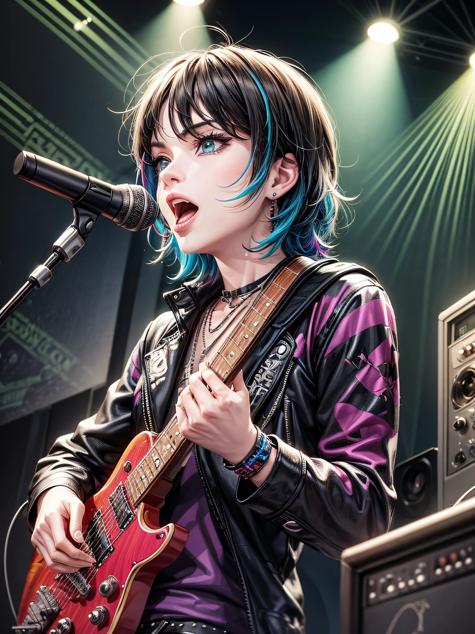 (caricature:0.9,drawing:0.8),photo essay,(Legiao Urbana Rock Band:1.3), musical style, live concert, (band members:1.1, photoshoot:0.8),old stylistic trend, stage lighting circuit, rockstar vibe, multicolored and vibrant