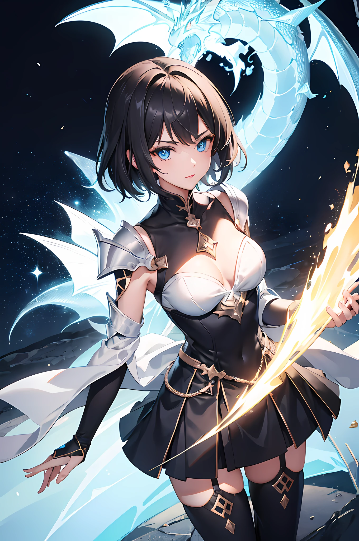 1girl, short black hair, blue eyes, wearing dragonic like sexy white armor, city, absurdres, high res, ultrasharp, 8K, masterpiece, looking at viewer, stardust