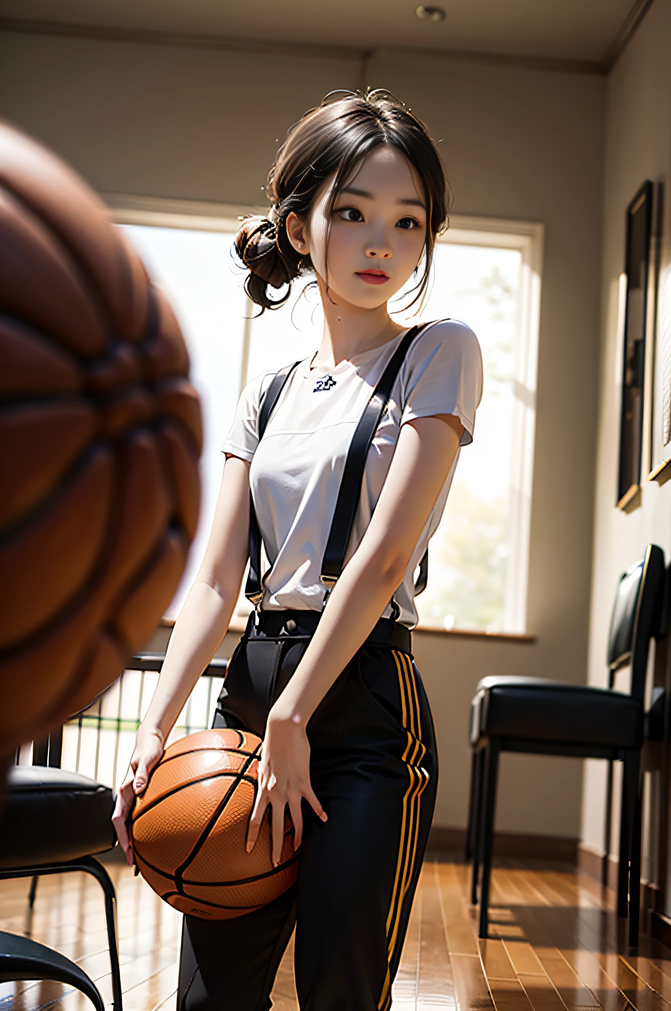 （whaite hair）, （middle parted hairstyle）, Iron Mountain Back, Cai Xukun appeared, ssmile,Teenagers around 20 years old , （（?????? dribbling basketball））, （Black suspenders），High detail, Tonalism, expressionistic, Realism, Verism, Chiaroscuro, Ray tracing, image fill, 35mm, Sony FE, Sony FE GM, hyper HD, Masterpiece, High details, A high resolution, 8K, Best quality, High quality, Super detail（（（Basketball in hand）））