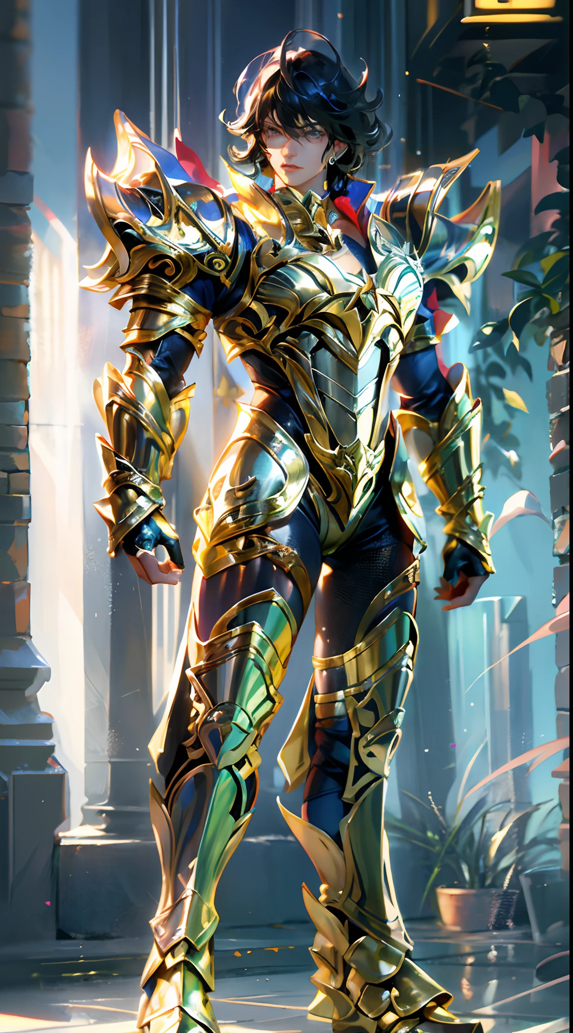 Ultra-high saturation,(tmasterpiece), fully body photo,(best qualtiy), (1girll), starryskybackground,Wearing shiny gold armor, Sexy lingerie type armor,Expose your chest,Expose the waistline,Exposing thighs,cool-pose, Saint Seiya Armor, messy hair,high detal, Anime style, Cinematic lighting, Sparkle, god light, Ray traching, filmgrain, hyper HD, textureskin, super detailing, Anatomical correct, A high resolution,Ultra-high saturation,hight contrast,High-gloss armor,Smooth skin,Serious expressions,Dark room,