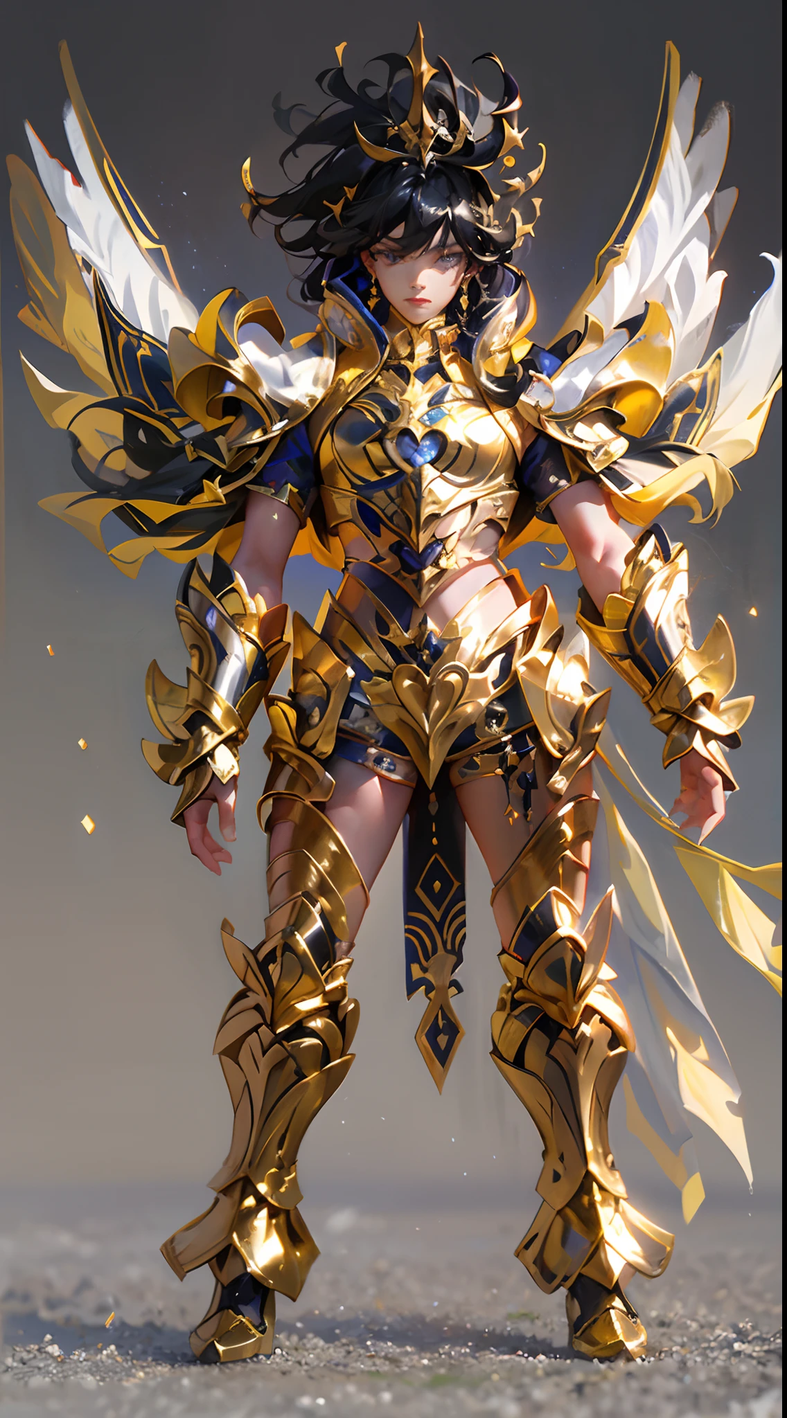Ultra-high saturation,(tmasterpiece), fully body photo,(best qualtiy), (1girll), starryskybackground,Wearing shiny gold armor, Sexy lingerie type armor,Expose your chest,Expose the waistline,Exposing thighs,cool-pose, Saint Seiya Armor, messy hair,high detal, Anime style, Cinematic lighting, Sparkle, god light, Ray traching, filmgrain, hyper HD, textureskin, super detailing, Anatomical correct, A high resolution,Ultra-high saturation,hight contrast,High-gloss armor,Smooth skin,Serious expressions,Dark room,