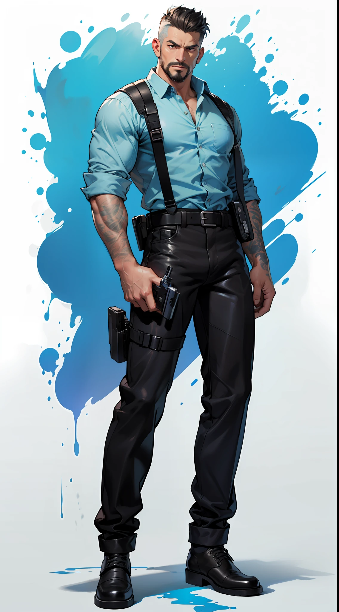 1 man, male focus solo, middle aged man, tall, lean muscle, light blue shirt, black leather shoulder holster, faded black trouser, full body shot, black short hair, facial hair, holding a pistol with two hands, (pistol:1.2), ultra high quality, masterpiece, low camera angle, intense splashed blue and white paint in the blackground