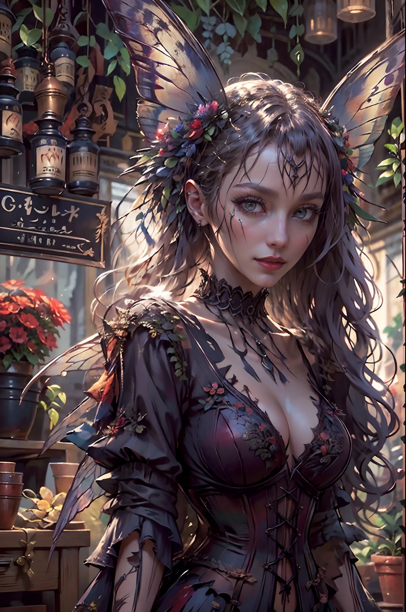 high details, best quality, 16k, RAW, [best detailed], masterpiece, best quality, (extremely detailed), full body, ultra wide shot, photorealistic, dark fantasy art, goth art, RPG art, D&D art, a picture of a dark female fairy showing flowers in a florist shop, extremely beautifil fairy, ultra feminine (intense details, Masterpiece, best quality), best detailed face (intense details, Masterpiece, best quality), having wide butterfly wings, spread buterfly wings (intense details, Masterpiece, best quality), dark colors wings (intense details, Masterpiece, best quality), black hair, long hair, shinning hair, flowing hair, shy smile, innocent smile, blue eyes, dark red lips, wearing [red] dress latex corset (intense details, Masterpiece, best quality), dynamic elegant shirt, chocker, wearing high heels, in flower shop (intense details, Masterpiece, best quality), [extreme many flowers] (intense details, Masterpiece, best quality), dark colorful flowers (intense details, Masterpiece, best quality), flower shop in a dark goth era street background, dim light, cinematic light, gaslight lamp light, High Detail, Ultra High Quality, High Resolution, 16K Resolution, Ultra HD Pictures, 3D rendering Ultra Realistic, Clear Details, Realistic Detail, Ultra High Definition