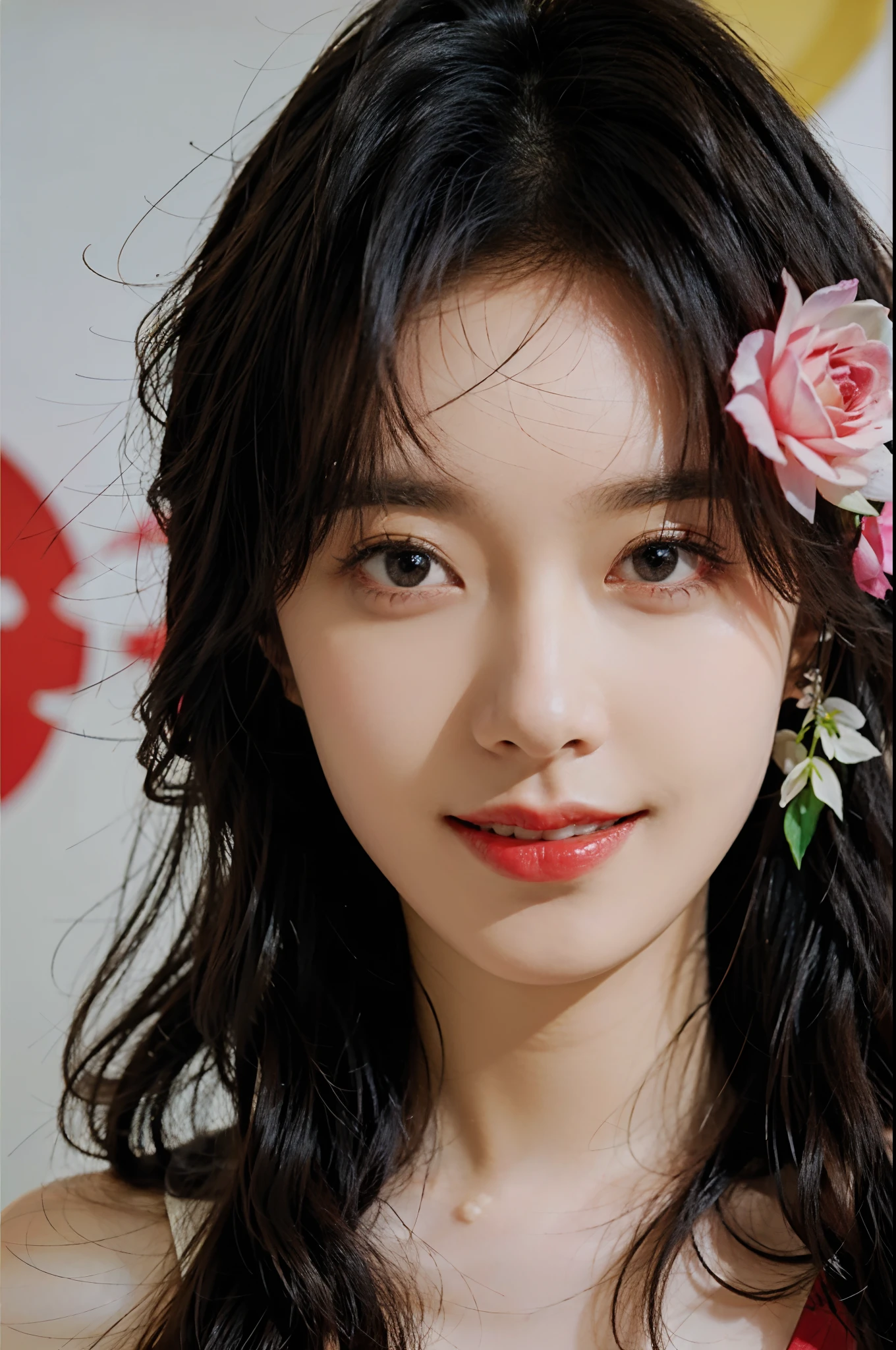 (Masterpiece),(Best quality:1.0), (超高分辨率:1.0), Detailed illustration, 8K, anime big breast, 1girll, Beautiful anime girl, Wearing a red dress , Intricate details, Black eyes, Detailed eyes, Black hair, Detailed hair details, hair highlight, There are reddish-pink flowers on the ears, Smiling, Red lipstick, Perfect lips, Anime style, Best quality, Detailed