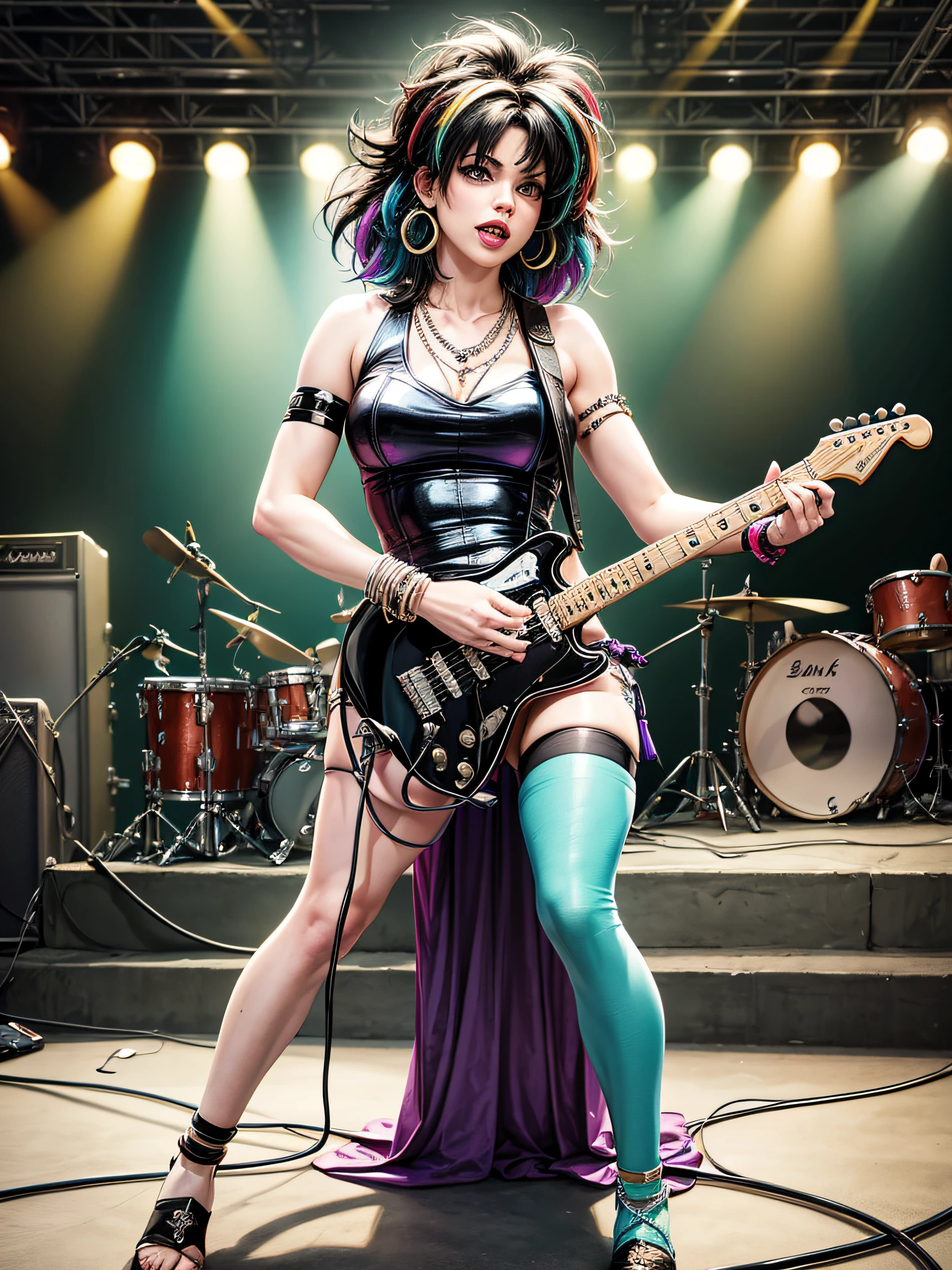 (caricature:0.9,drawing:0.8),photo essay, (The Bangles Rock Band:1.3), musical style, live concert, (band members:1.1, photoshoot:0.8),old stylistic trend, stage lighting circuit, rockstar vibe, multicolored and vibrant