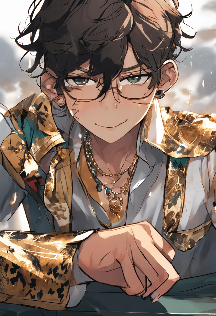 young person with a sad face because he lost everything in gambling with a little tiger in the background smiling with lots of gold necklace and jewelry