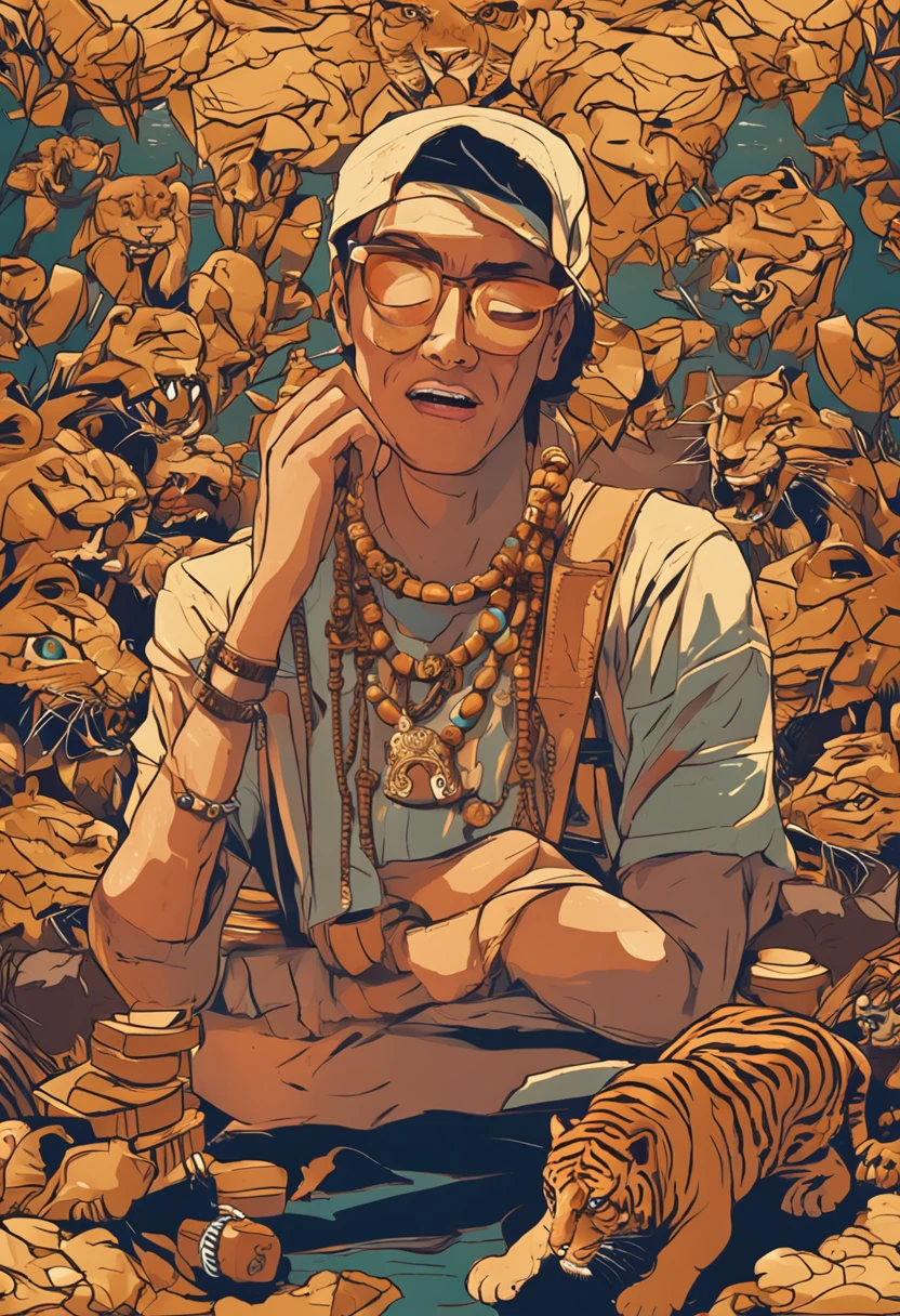 young person with a sad face because he lost everything in gambling with a little tiger in the background smiling with lots of gold necklace and jewelry