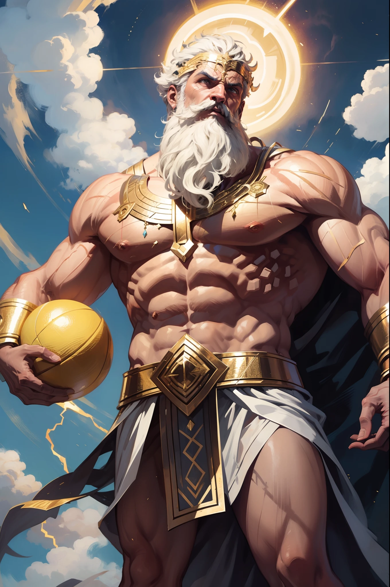 A closeup of a man holding a yellow ball in his hand, o deus furioso Zeus, deus da lua, an epic anime of a energy man, djinn human hybrid, alquimista de fantasia masculino magro, divindade de cabelos brancos, deus grego, divindade masculina atraente, male demon djinn man, o deus lua, deus do sol, Man djinn male demon hybrid