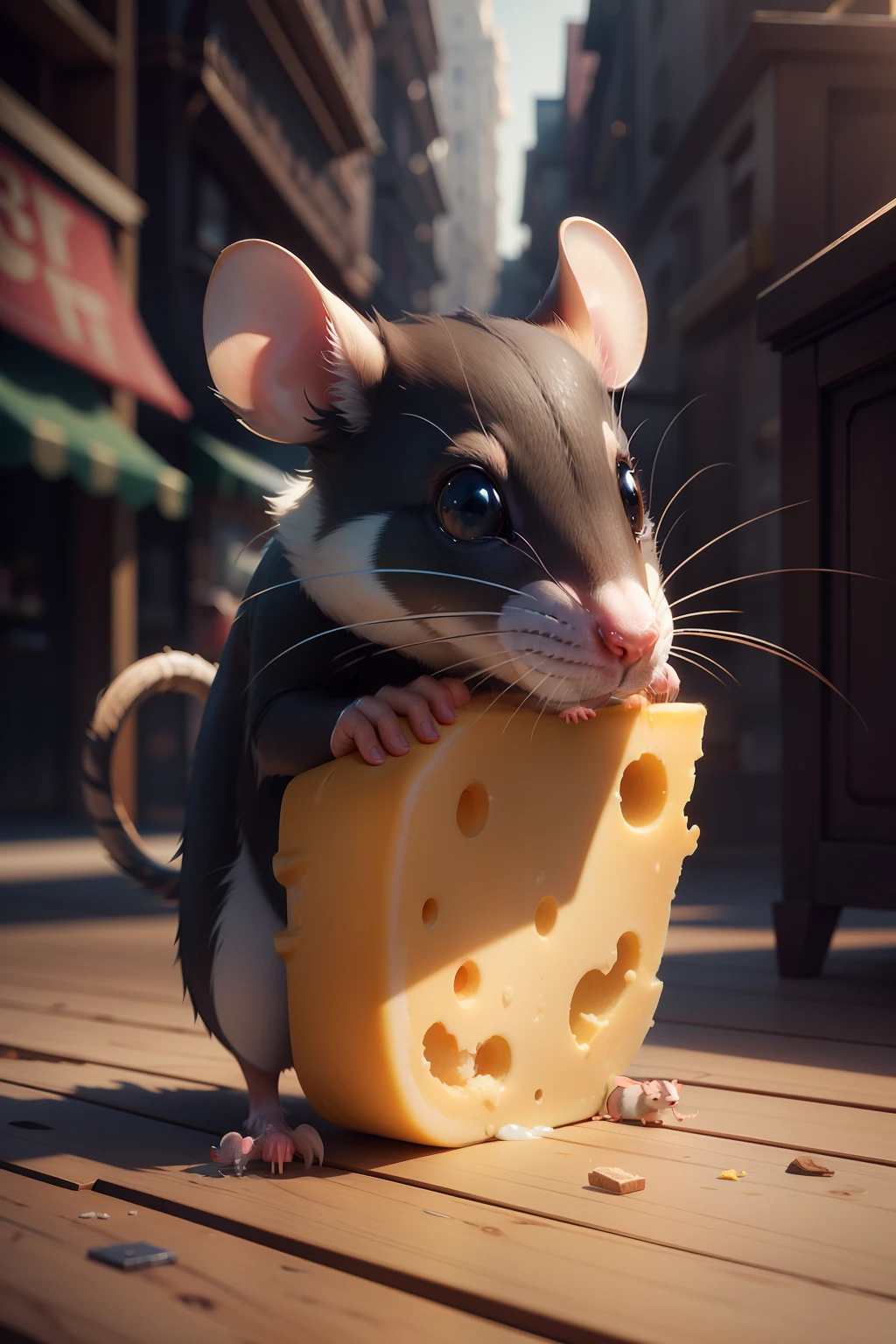 Rat Stealing Cheese super cute, realistic, 4K, super detailed, vray rendering, unreal engine, midjourneyart style,