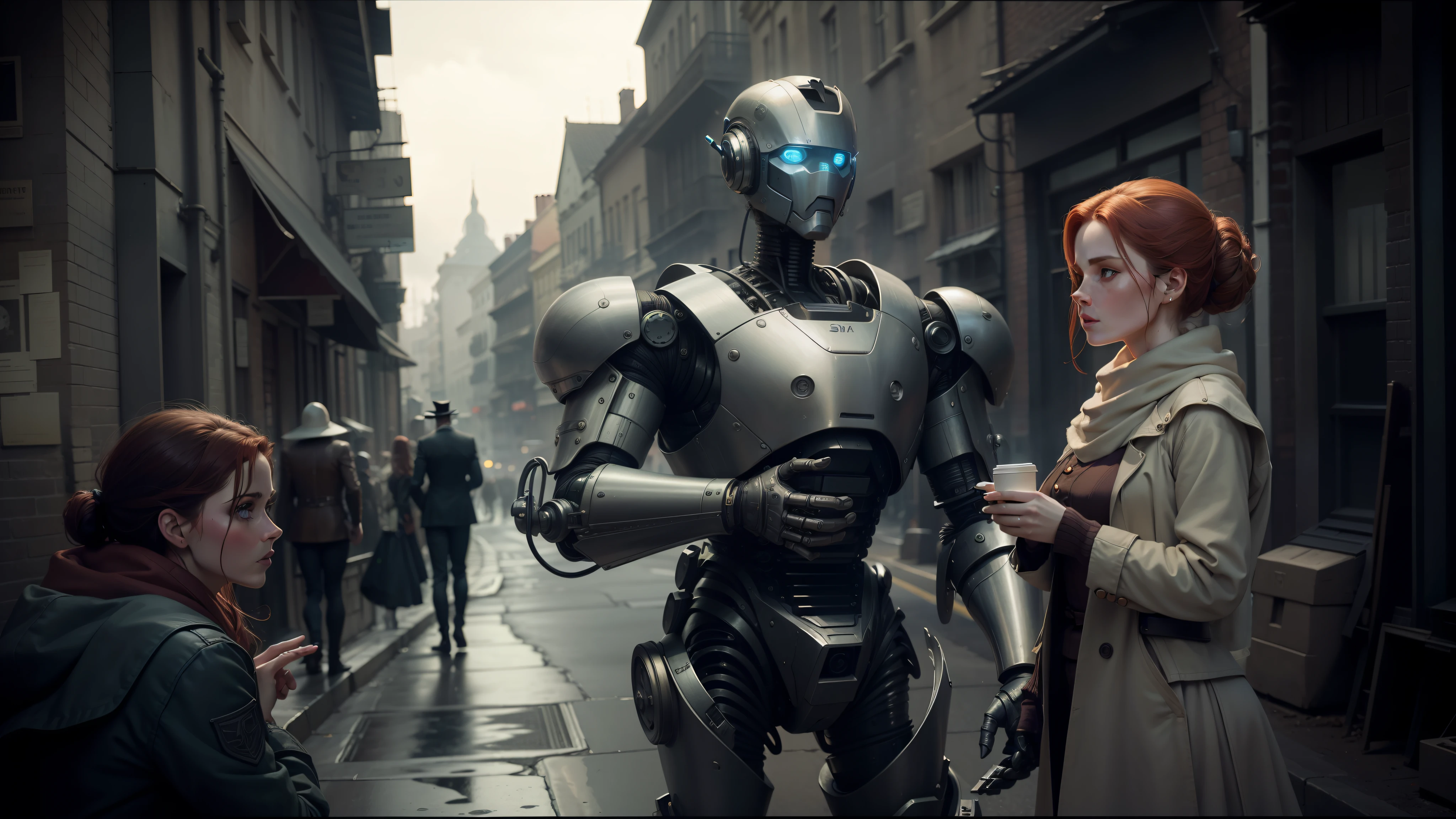 there is a woman standing next to a robot in a street, vfx film, edmund blair and charlie bowater, protagonist in foreground, still frame, inspired by Robert Fawcett, by Peter Madsen, anamorphic widescreen, by Nathan Wyburn, desaturated and muted colors, anatomically correct android, amy pond, intricate steampunk imagery, looks a bit similar to amy adams --auto --s2