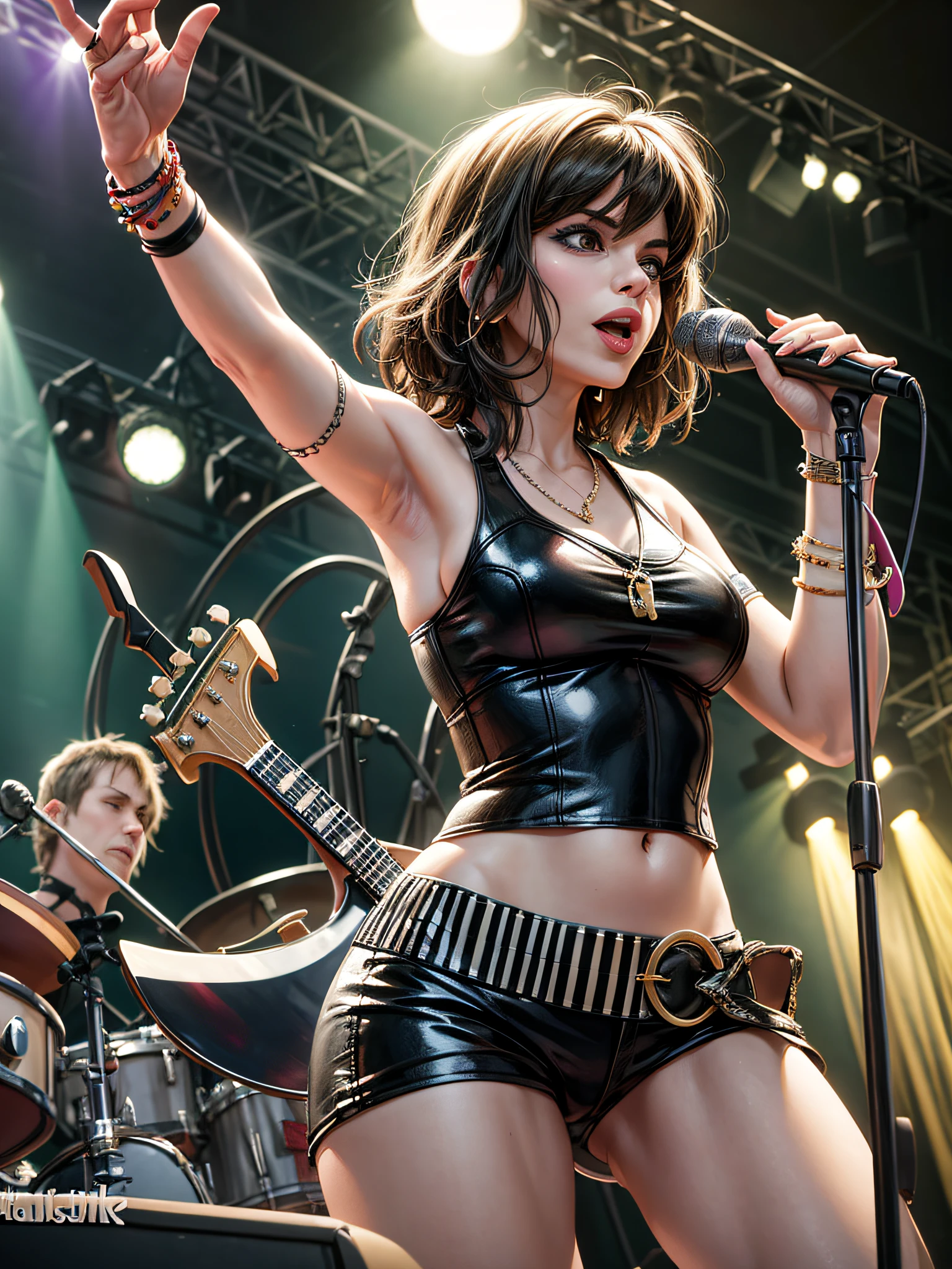 (caricature:0.9,drawing:0.8),photo essay, (The Bangles Rock Band:1.3), musical style, live concert, (band members:1.1, photoshoot:0.8),old stylistic trend, stage lighting circuit, rockstar vibe, multicolored and vibrant