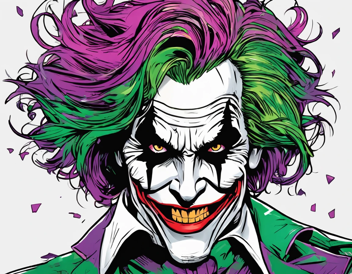 create a vector logo, color illustration, of the joker character from the dc comics movie, highly detailed, true to character artwork, vivid colors, HD 4K, action shot, vibrant colors, high detail, solid white background