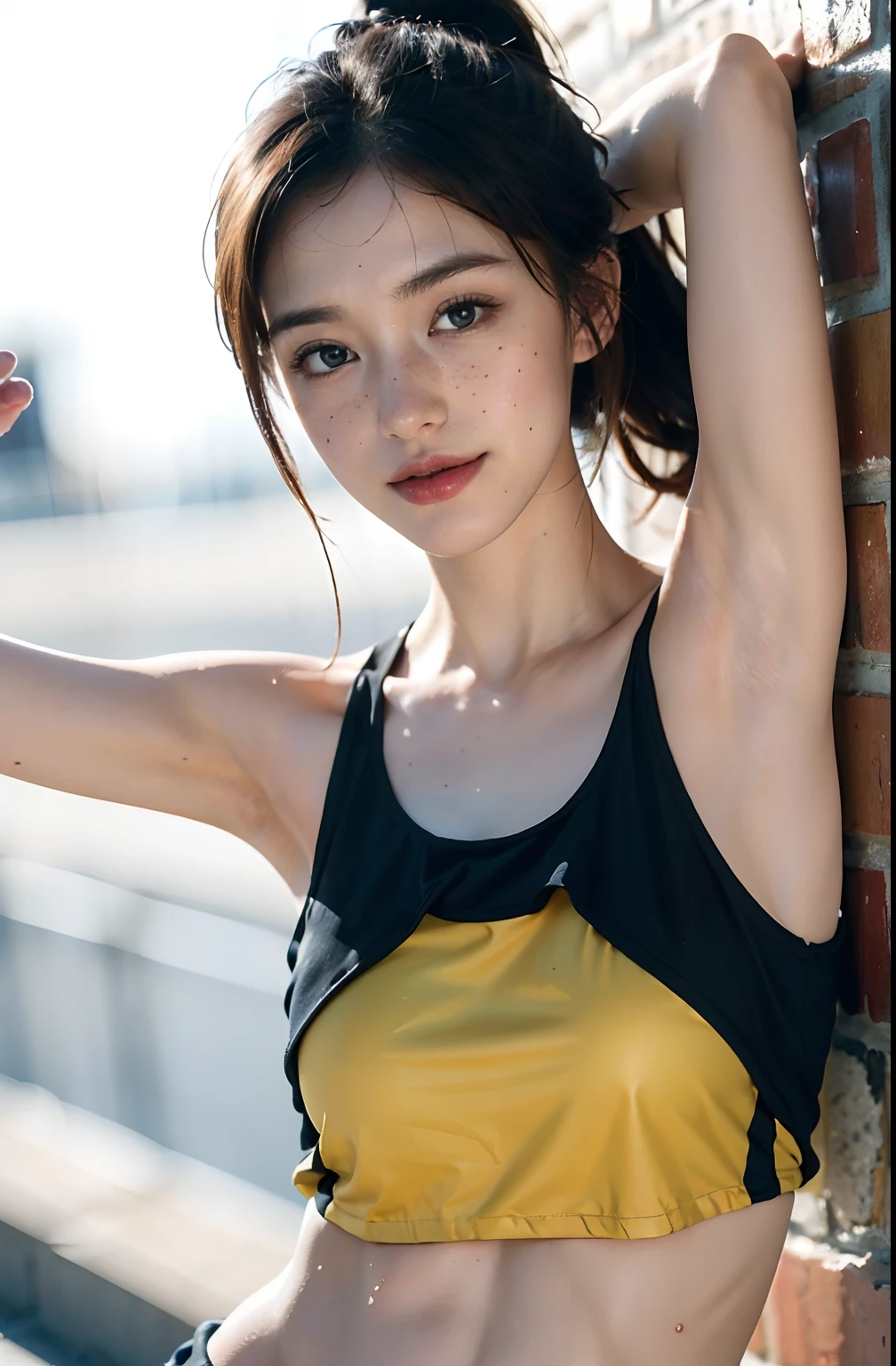 (Cheergirl girl armpits、Display oiled tecateca armpits、Oiled shiny shiny armpits:1.30、A hyper-realistic、Armpit、Oiled shiny armpits:1.30、Glossy armpits、oiled slimy armpits:1.30、Slimy shiny armpits:1.20、Bright and detailed armpits、Detailed armpit wrinkles:1.7、Realistic armpit wrinkles:1.7、Light illuminating the armpits:1.4、Detailed armpit pores), (ssmile、On the ground where the bright sun hits the armpits、illustratio), (hight resolution), (8K), (ighly detailed), (The best illustrations), (Cheergirl girl poses with armpits on the ground、Sleeveless Cheergirl Uniform、beatiful detailed eyes), (top-quality), (ultra-detailliert), (​masterpiece), (wall-paper), (详细的脸),  girl,a little freckles on the face、Show beautiful armpits,high-ponytail Hairstyle、cheer girl、Hair with ribbons、Show the navel、Navel、Upper body only,Girl in sleeveless cheerleader uniform, One girl on the ground,((oiled slimy armpits:1.20、Oiled tecateca armpits:1.20、))