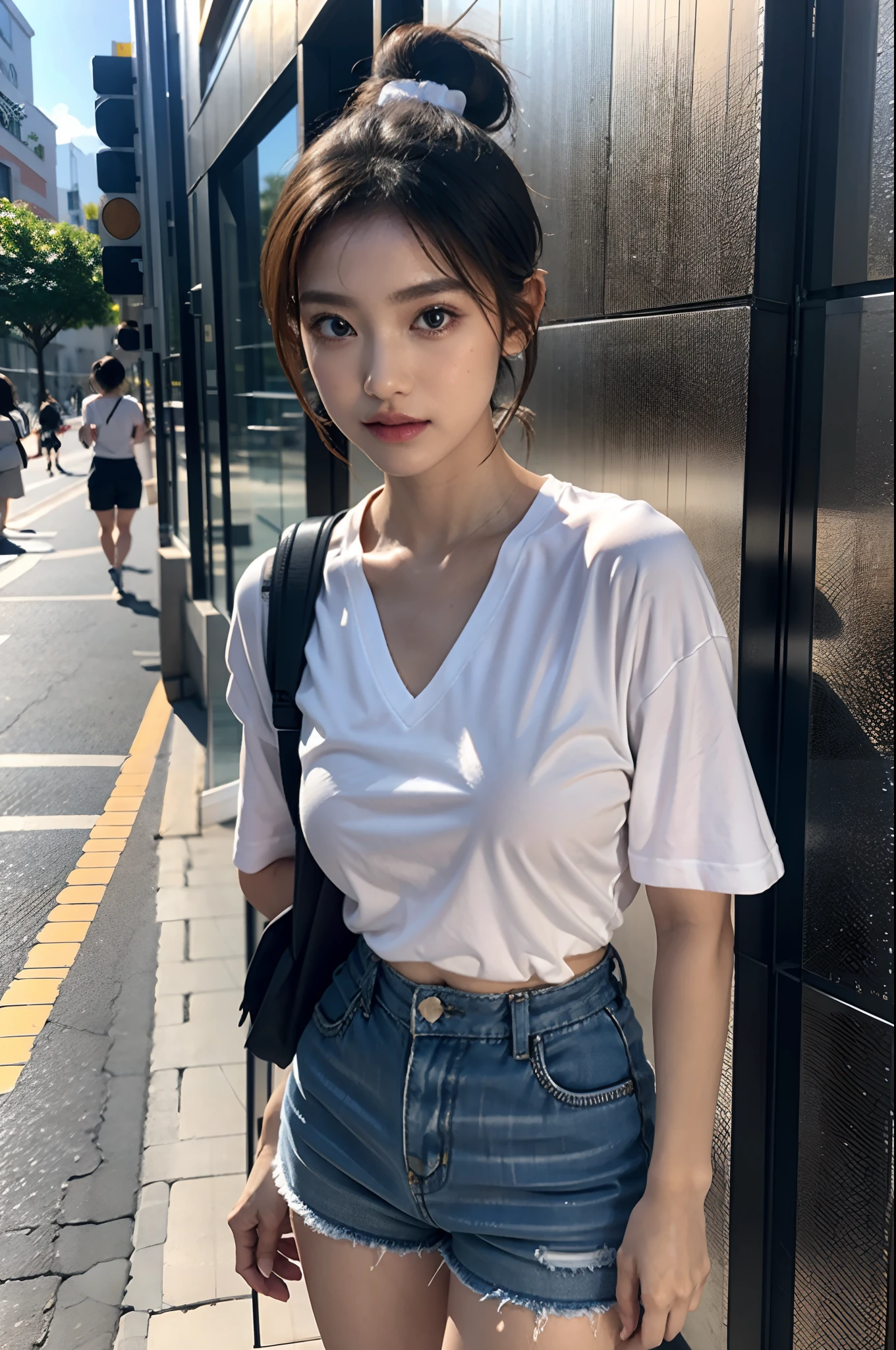 (masterpiece:1.2, best quality),dynamic lighting, full body, 
 1girl, solo, foxy eye makeup, body detail, face detail , (medium breasts), low ponytail, tied hair, short hair, glowing skin,
oversized sport shirt, shorts women, small backpack,
shy, hands on backpack, Shibuya in background ,