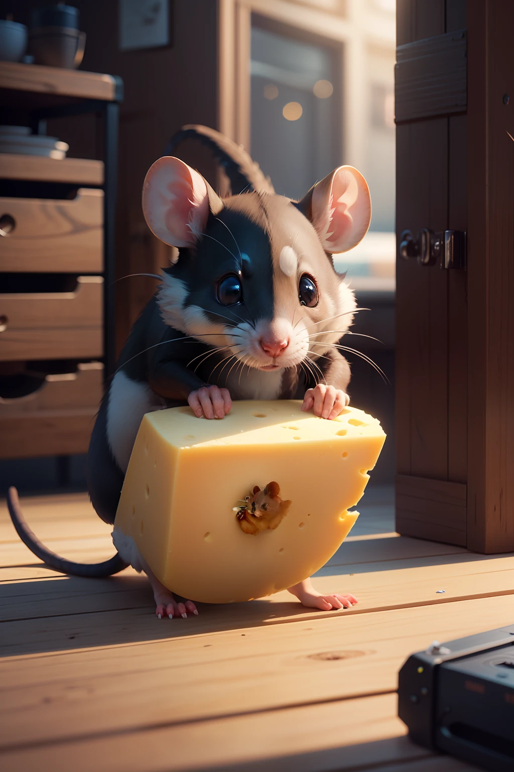 Rat Stealing Cheese super cute, realistic, 4K, super detailed, vray rendering, unreal engine, midjourneyart style,