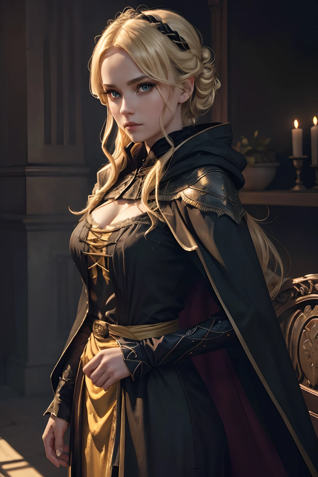 {-erro_de_anatomia:1.0}(Masterpiece - Ultra-Detailed, High Resolution) woman 40 years old, a woman (johanna constantine), wearing a brown overcoat , very long blond hair, curly hair, (blond hair), (dark blue 1 eyes), black choker . Indifferent look , merciless, dinamic poses, egoist smile, angry face,