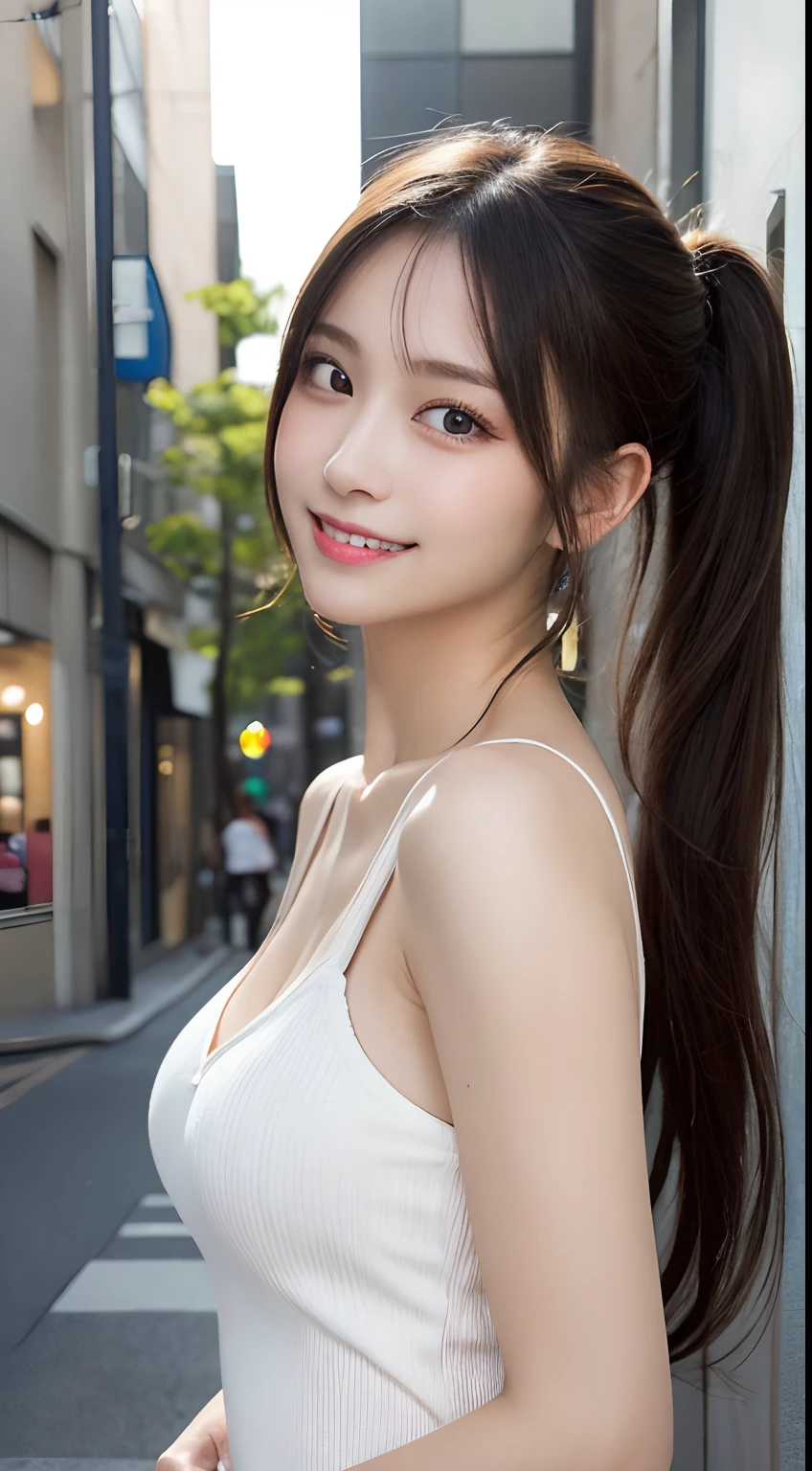 masutepiece, Best Quality, Illustration, Ultra-detailed, finely detail, hight resolution, 8K Wallpaper, Perfect dynamic composition, Beautiful detailed eyes, Women's Fashion Summer,Ponytail hair,Small breasts natural color lip, Bold sexy poses,Smile,Harajuku、20 years girl、Cute、Sexy looking at camera