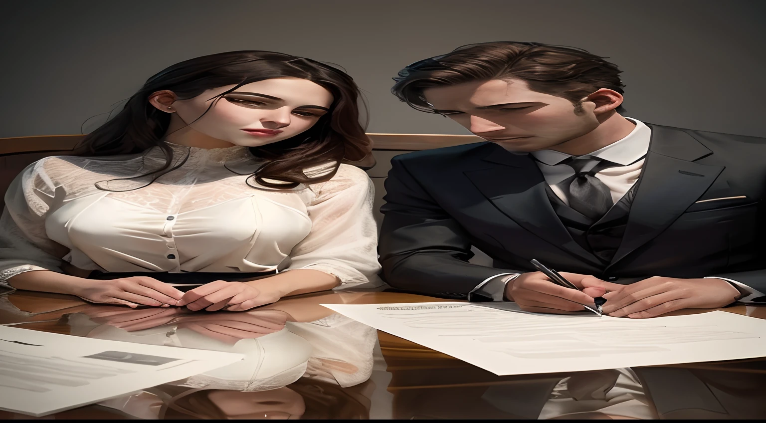 They are sitting at a table signing papers and signing a document, Charlie Bowater e Artgeem, Charlie Bowater e Tom Bagshaw, imagem ultra realista, hyperrealistic illustration, wearing a strict business suit, ultra realistic illustration, estilo de arte realista, ultra realistic 3d illustration, estilo fotorrealista, realistic fantasy rendering, imagem fotorrealista