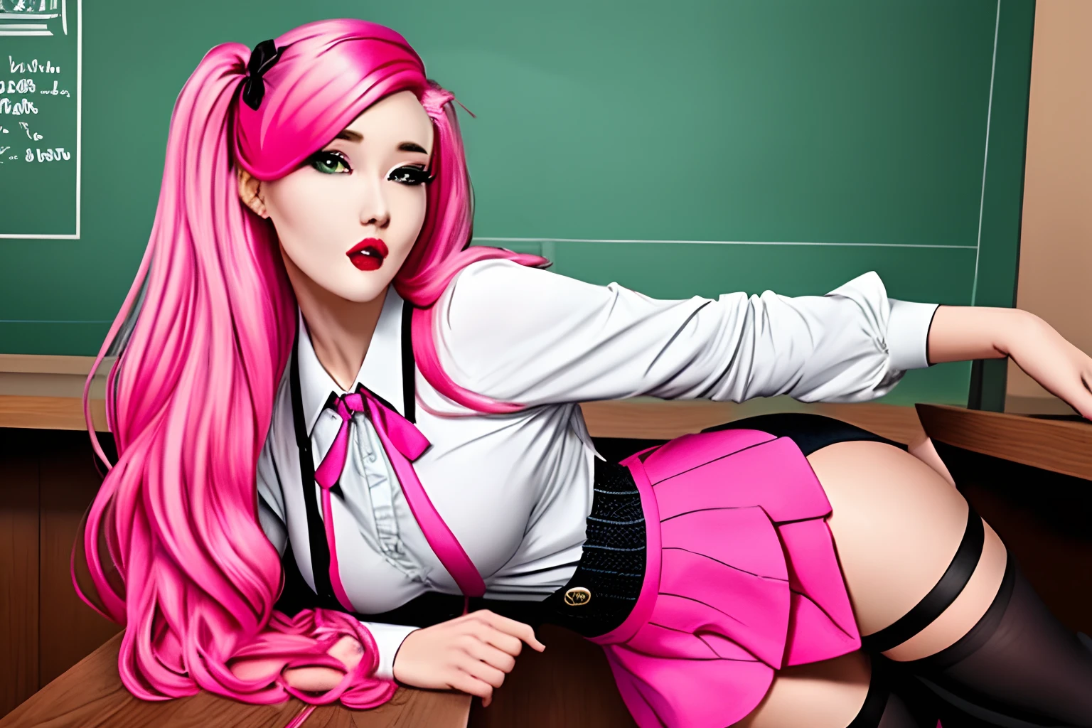 Pink haired woman, caucasian, wearing a school uniform posing for a picture, dressed as schoolgirl, a hyperrealistic schoolgirl, thighhighs and pink skirt, wearing short pink skirt, GG cup breasts, realistic schoolgirl, belle delphine, hentai vibes, inspired by hentai, Saved By The Bell, in a glowing skirt, provocative, sexy