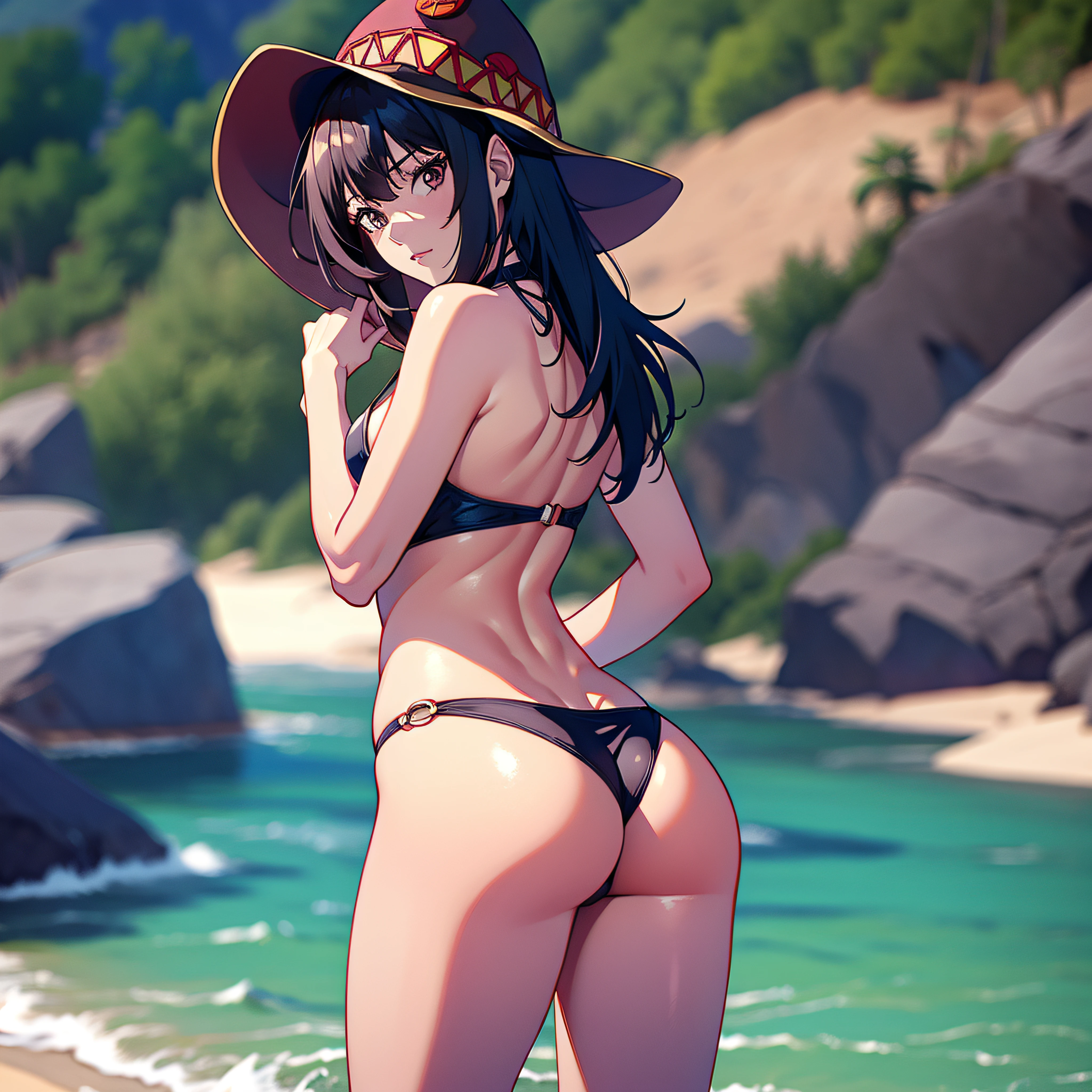 obra-prima, alta qualidade, alta resolução, rosto detalhado, see-through, bikini, 1girl, megumin, megumin konosuba, seios enormes, praia, foco na bunda, blue bikíni, cabelo azul, looking behind, pose sexy, corpo exuberante, postura sedutora, pubic hair exposed, calcinha apertada, , body full, realista, bumbum grande, red hat.