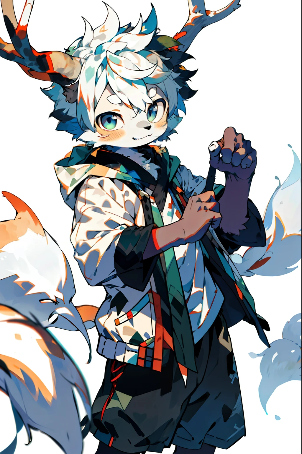 1boy，Shota，(high-definition quality，Masterpiece level)，Fresh and cold boy character，Wolf ears、Wolf Tail highlights the sense of belonging to the character，Heterochromatic eyes and the color of light blue hair echo each other，with clean lines，Show the modesty and confidence of the character，tmasterpiece, lightblue hair, Heterochromic eyes,(Wolf ears),(Wolf tail)，One tail，A young boy with，Lean body type，Dull hair，Brown pick dye，with fair skin，Functional wind