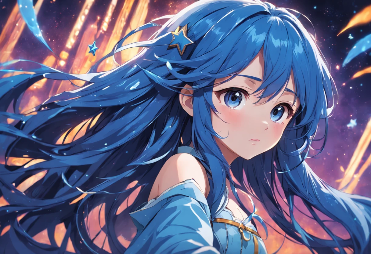 A girl with blue long hair and magic wand in her left hand