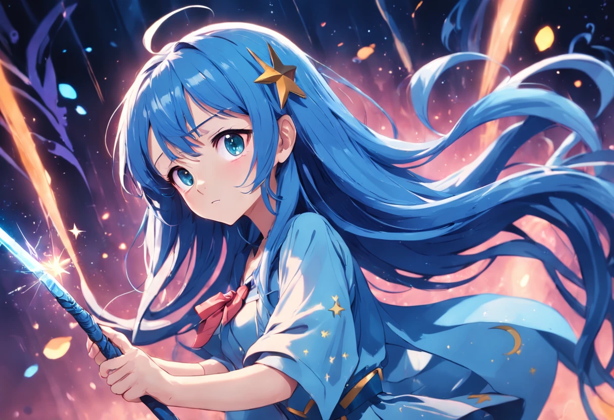 A teen age girl with blue long hair and magic wand in her left hand