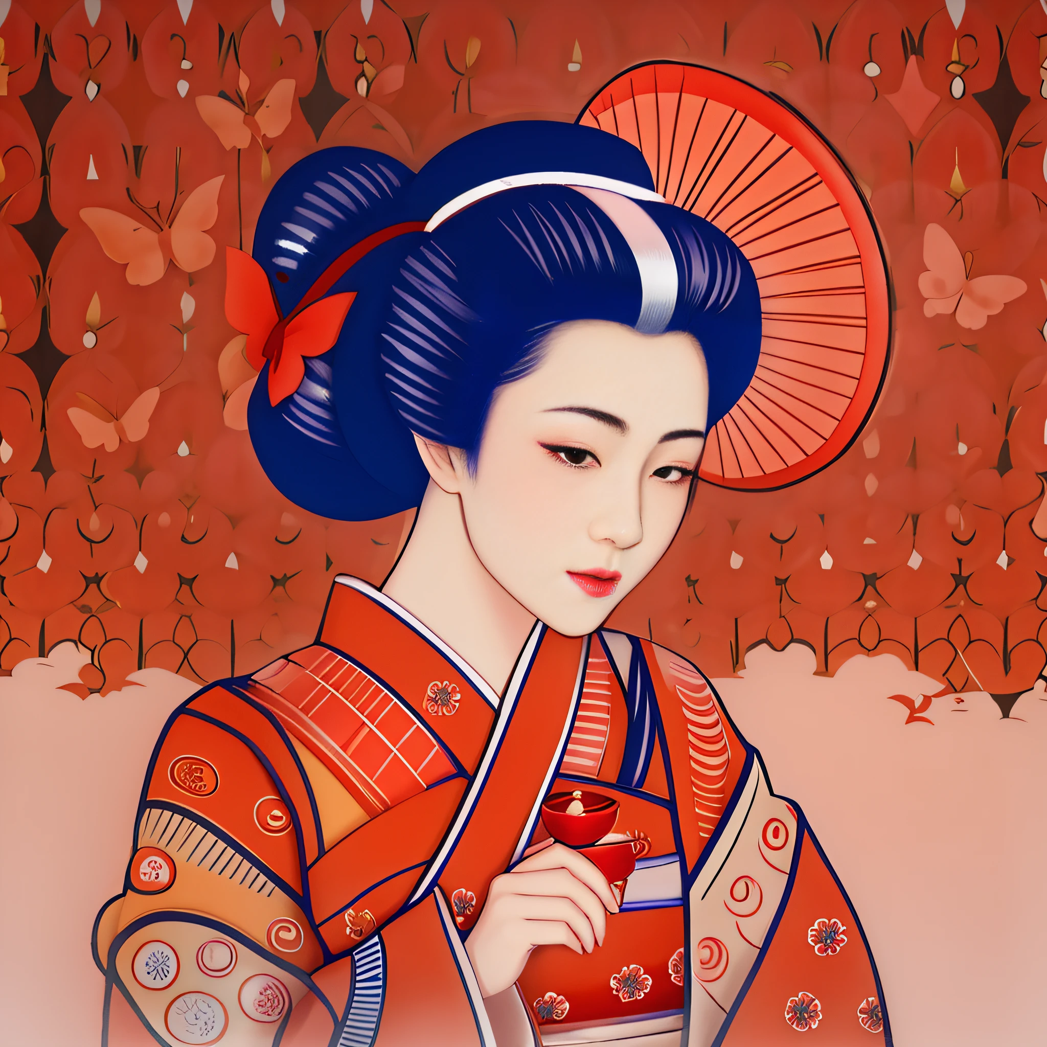 There is a woman in a kimono with a red umbrella, japanese art style, gueixa japonesa, Retrato de uma gueixa bonita, Gueixa da beleza, Retrato da gueixa, inspired by Uemura Shōen, female geisha girl, No estilo de arte de Ukiyo - E, Retrato de uma gueixa, Arte japonesa, mulher japonesa elegante, gueixa.