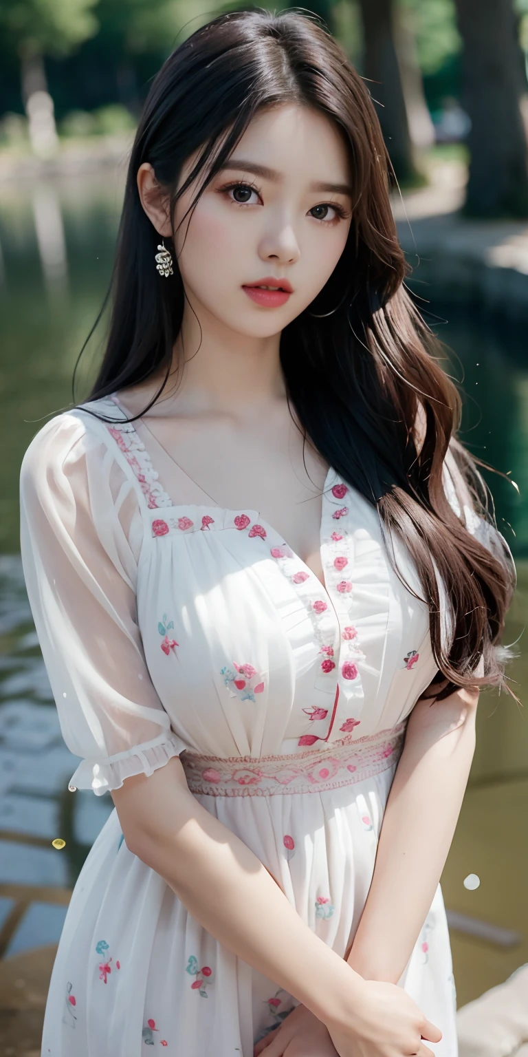 1girl walking on the river, mix4, sweater, pillow, lips, open_mouth, realistic, photo_\(medium\), solo, stuffed_animal, stuffed_toy, teddy_bear, (masterpiece), (realism: 1.3), super detailed, (High detail skin: 1.2), (Best quality: 1.0), (Ultra resolution: 1.0), (ULZZANG-6500: 0.3), wavy detail hair, long hair, sunshine, (beautiful detail makeup), (sexually aroused blush, heavy breath: 1.0), floral theme petals scattered, (soft light bloom: 0.5)