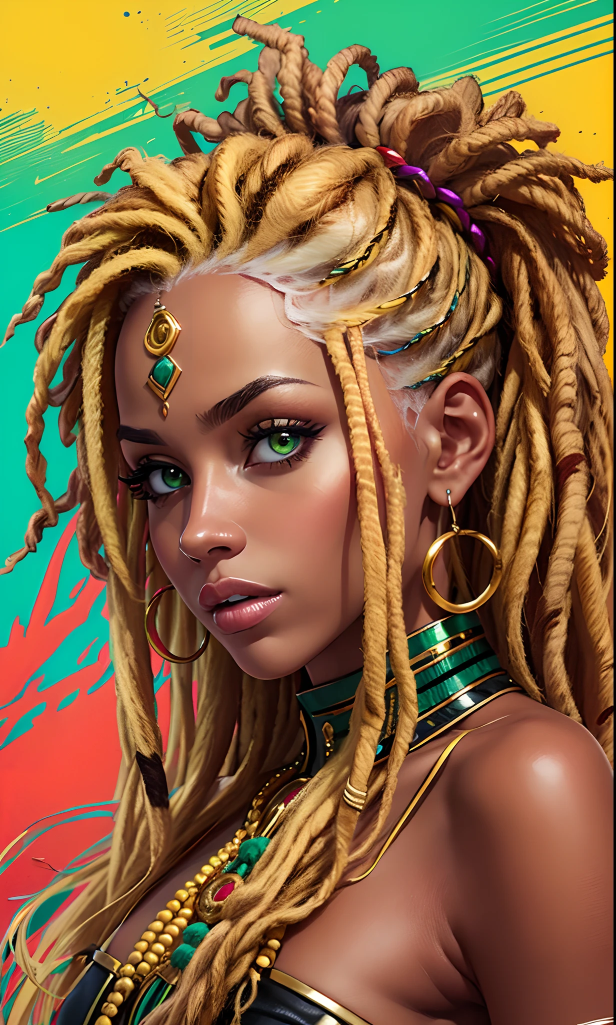 (Best quality, 4k, Masterpiece :1.3), pretty ebony woman, hyper realistic, 1girl, (massive breasts, attractive body :1.25), abs :1.1, (extreme neon rainbow hair), (curly hair:2), long hair, (rainy wet, wet from rain, wet body :1.2), ultra-detailed face, detailed lips, detailed (sparkling (heterochromia, left honey eye, right green eye:1.35)), double eyelid, gold sultry low neck gown gold, open cleavage, hanging breasts, side pose, visible curves, pool party, laying pool side, laying alone, (((1girl))), gold transparent robe gold, evil smile, sweating