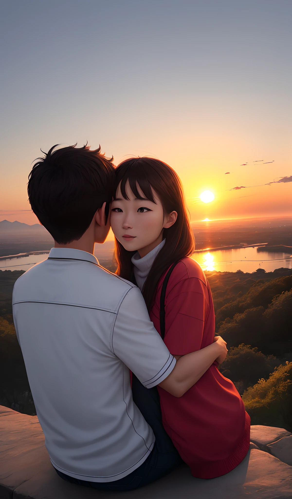 Men and women watch the sunrise together