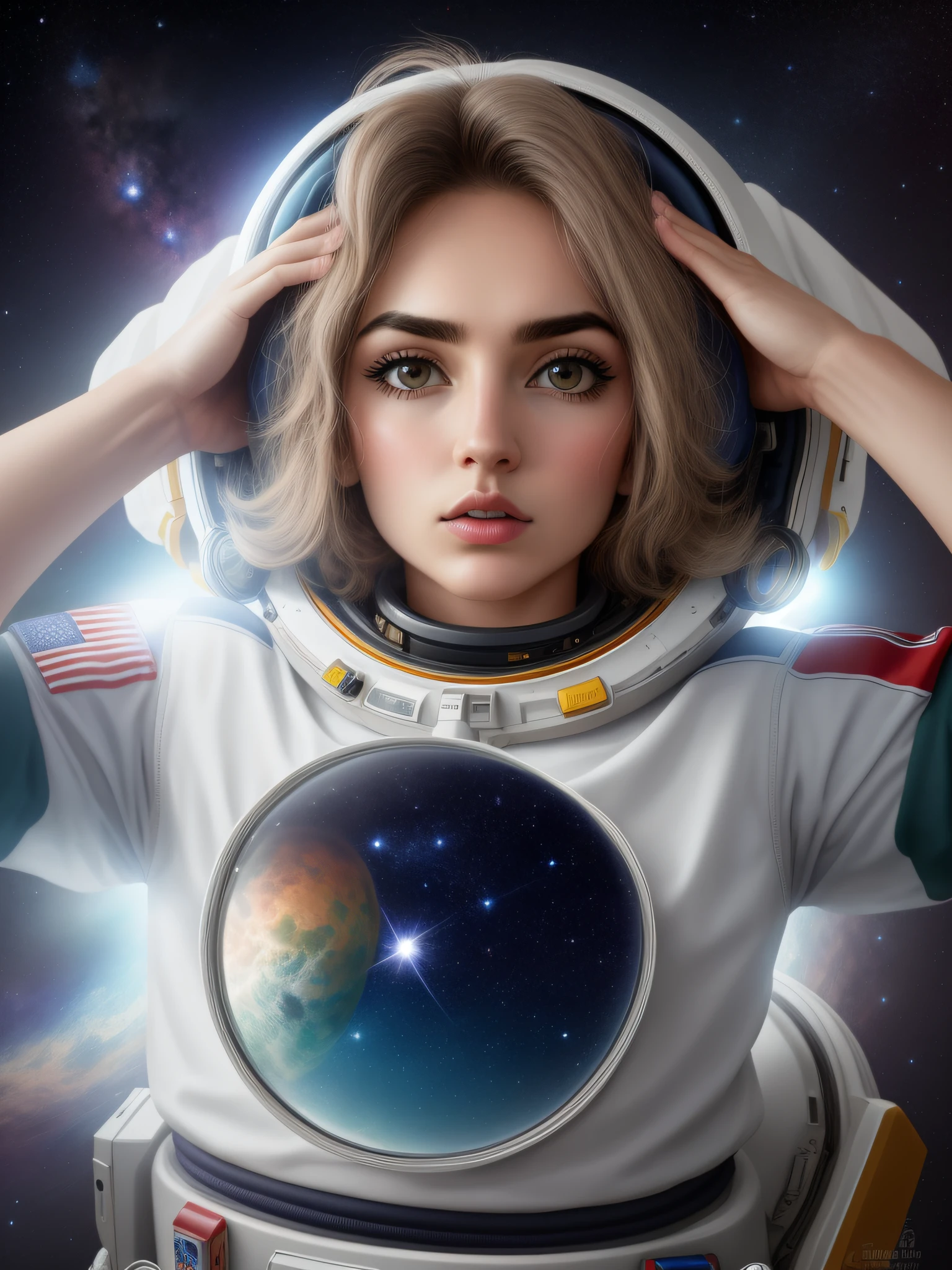 emu de astronauta como se tivesse tirando o capacete com fundo do universo, realista em full hd