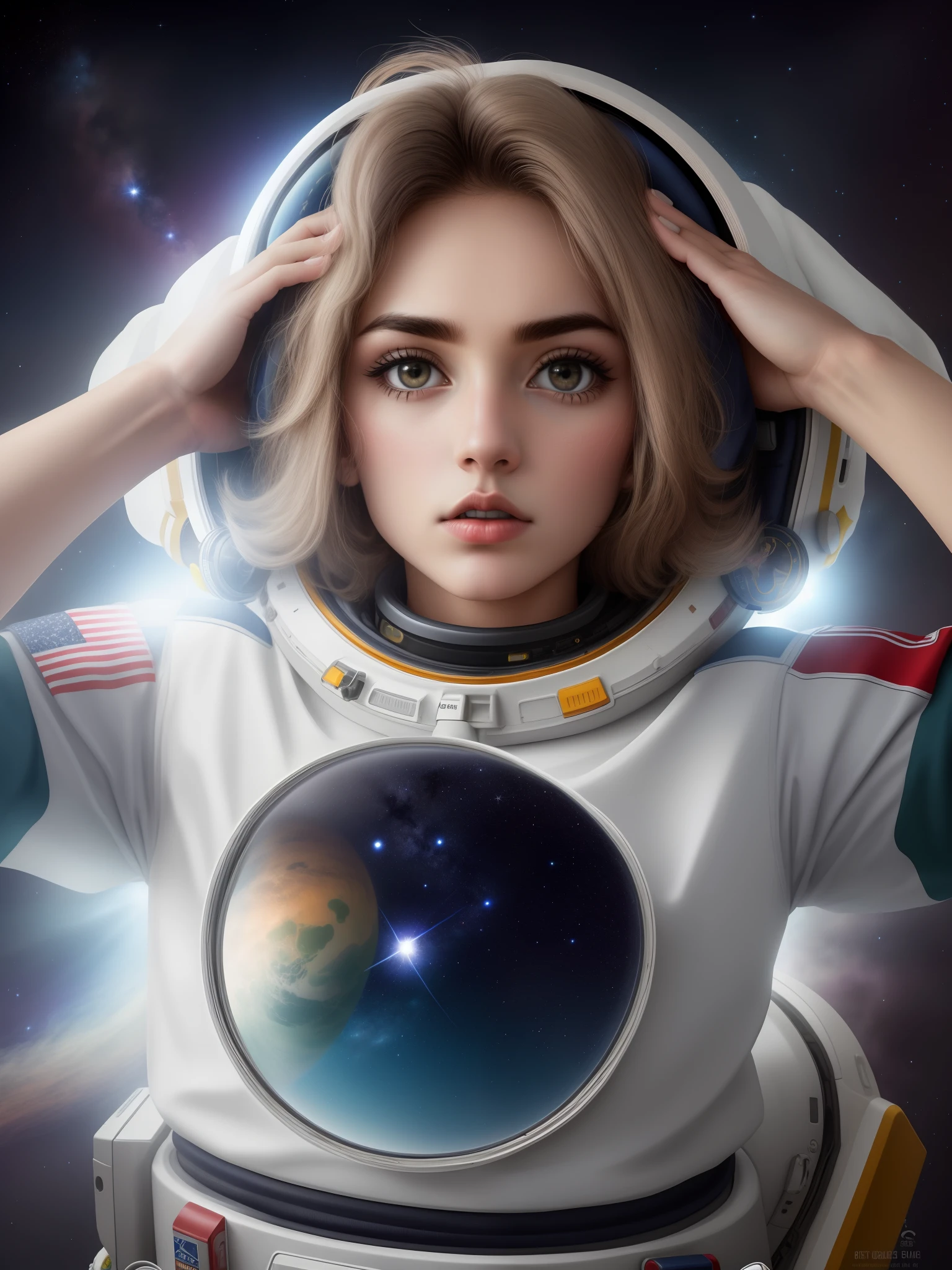 topquality, (tmasterpiece), Perfect skin, realisic skin, Highest resolution enclosure, Full HD, Detail Skin, 8K, (A girl stands on the surface of the moon), The Land in the Distance,(White long hair) blue eyes, Slovenian appearance, (astronaut suit), (The breasts are large) holds in his hands, (((flag of Russia))), beatiful face, (((On the costume is the flag of Russia)))