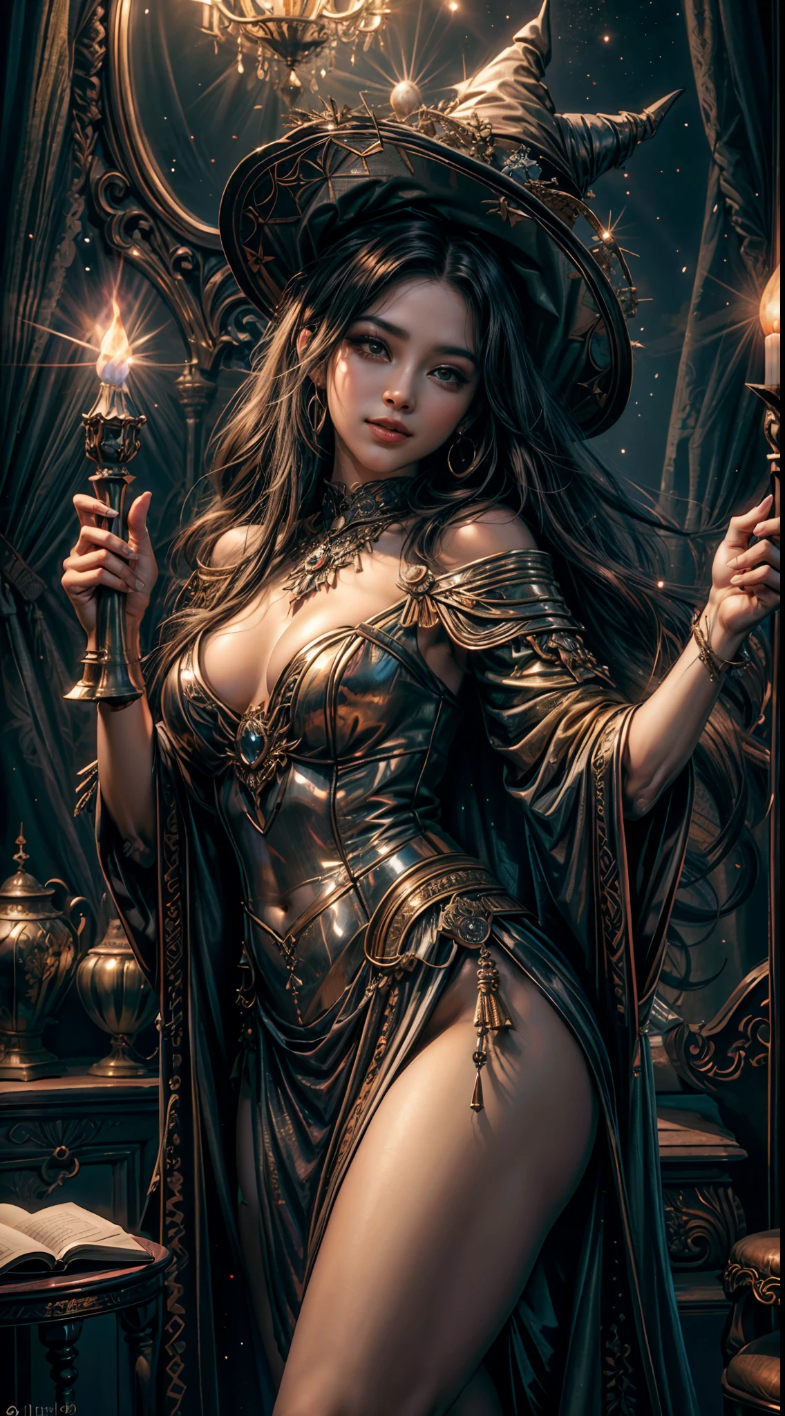 ((obra-prima)), ((melhor qualidade)), ((Ultra Detalhado)), (Awesome: 1.1), ((papel de parede extremamente detalhado da unidade CG 8k)), (8k, Foto RAW, melhor qualidade, obra-prima: 1.2), (realista, Foto realista: 1.4), (renderizado: 1.4), (renderizado: 1.4), Ultra realismo, high-resolution, NVIDIA RTX Ray Tracing, octan render, imagem de corpo inteiro, 1 garota linda, olhando para o espectador, Mago lendo um grande livro de magia em uma biblioteca antiga de uma torre de tijolos de pedra medieval, Her hair is long and black with shine, wearing a big witch's hat, His eyes are large and blue and well detailed, ela usa vestes escuras negras e azuis estampadas com estrelas prateadas e luas crescentes brilhantes, leve sorriso, Detailed and symmetrical face, perfectly proportions, biting lips, sexual excitement, sexual expression, corpo voluptuoso, thick legs with well-defined muscles, quadris largos, cintura fina, well-defined abdomen, seios grandes e empinados, mamilos protuberantes pontudos, pele parda com leve brilho de suor, estantes de livros antigos ao fundo, quarto ligeiramente escuro, lighting by chandeliers and torches on the walls, A faint haze of smoke billows out of candles and torches, Magical crystal ball with purple luminescent aura and purple rays on an old wooden table in the background, grandes janelas em arco, Deeply dark night through the windows, very starry dark sky, estrelas cadentes, grande lua semicoberta por nuvens, raios de luz da lua, diffuse lighting, fantasia, intrincado, dinamic angle, elegante, altamente detalhado, realista, 8k 3D, cinematic lighthing.