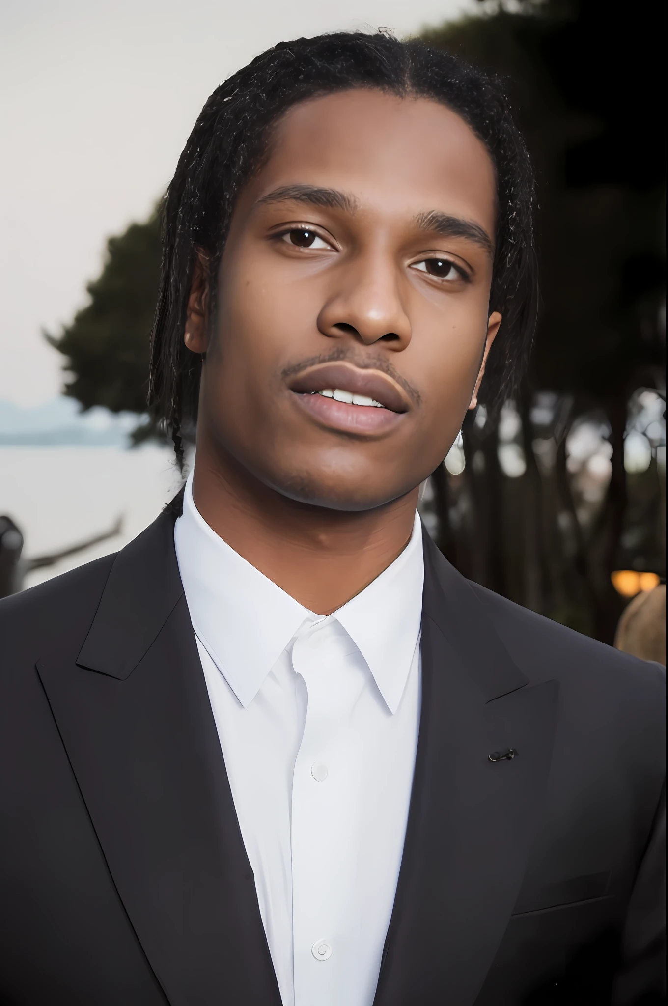 Man in suit and tie standing in front of a lake, heron preston, taken in the early 2020s, ASAP ROCKY, Livros Playboi, taken in the late 2020s, Jovem bandido, Playboi Livros de retratos, Jean - Michel Basquiat, Jean Michel Basquiat, Rick Owens, linus sebastian, He has no beard.