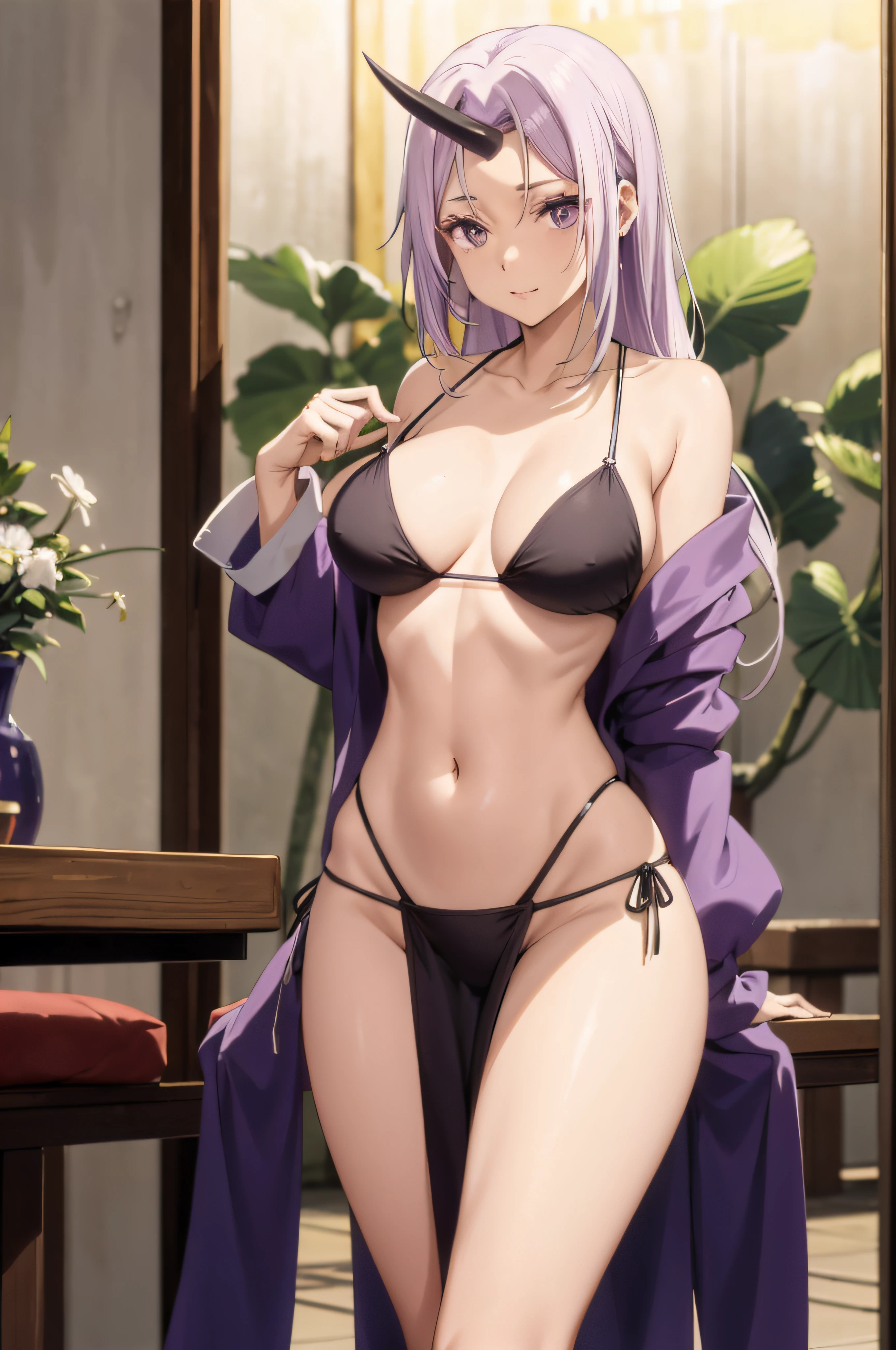 Shion (( best quality)), (( master part)), (circunstanciado), 1girl, franja,bikini, retention, cabelos longos, outdors, cabelo roxo, olho rosa escuro, Chifre singple, , sozinho, cabelos muito longos, no emotion, Roupas chinesas Cheongsam transparente, (( programa )), calcinha crotchless
