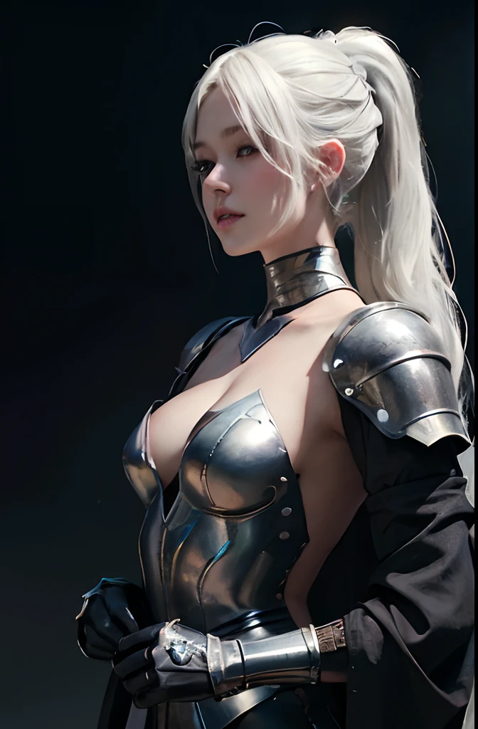 (floating in the dark：1.2)、Hyperrealism woman portrait、Fantasy Art、photoRealstic、NSFW、fullnude、fullnude、Dynamic lighting、art  stations、poster for、Volume Lighting、extra detailed face、4 k、awardwinning、woman swordsman、女の子 1 人、Dark in the dark、deepshadow、being thin、Slender body、Smaller chest、Ribs、lowkey、(Medieval fantasy:1.2)、The long-haired、poneyTail、A Princess、white  hair、Leather gloves up to the elbow with right hand、cyber punk armor、