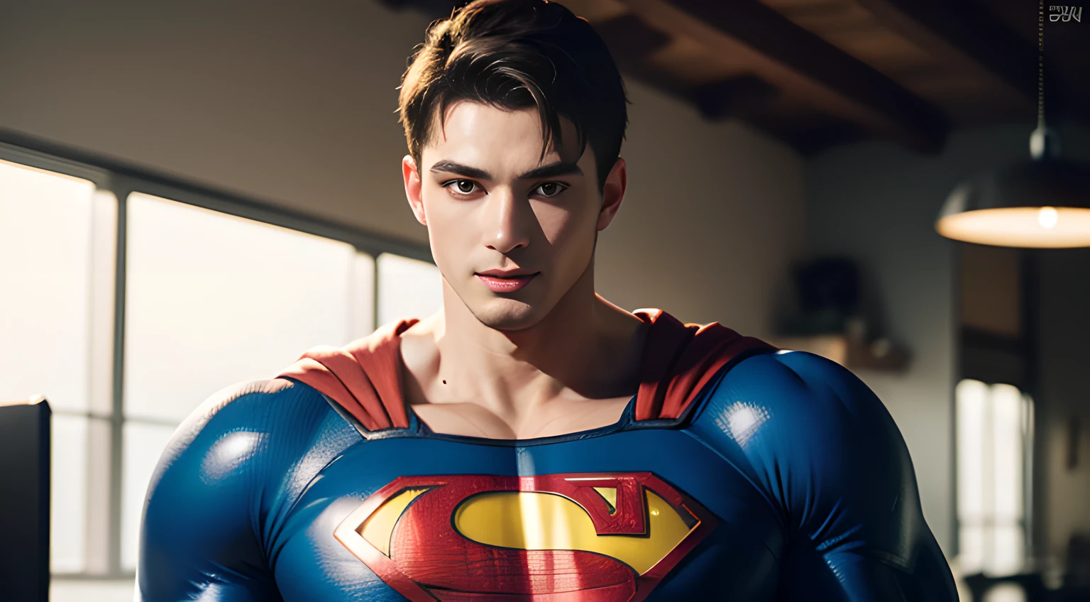 Supergirl suit, teenager, cool handsome young handsome man, erect, red face, shy
